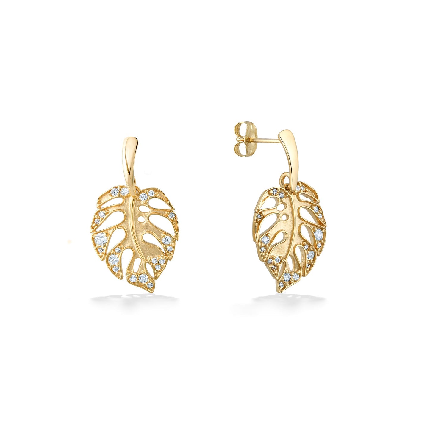 44677 - 14K Yellow Gold - Diamond Monstera Dangle Earrings