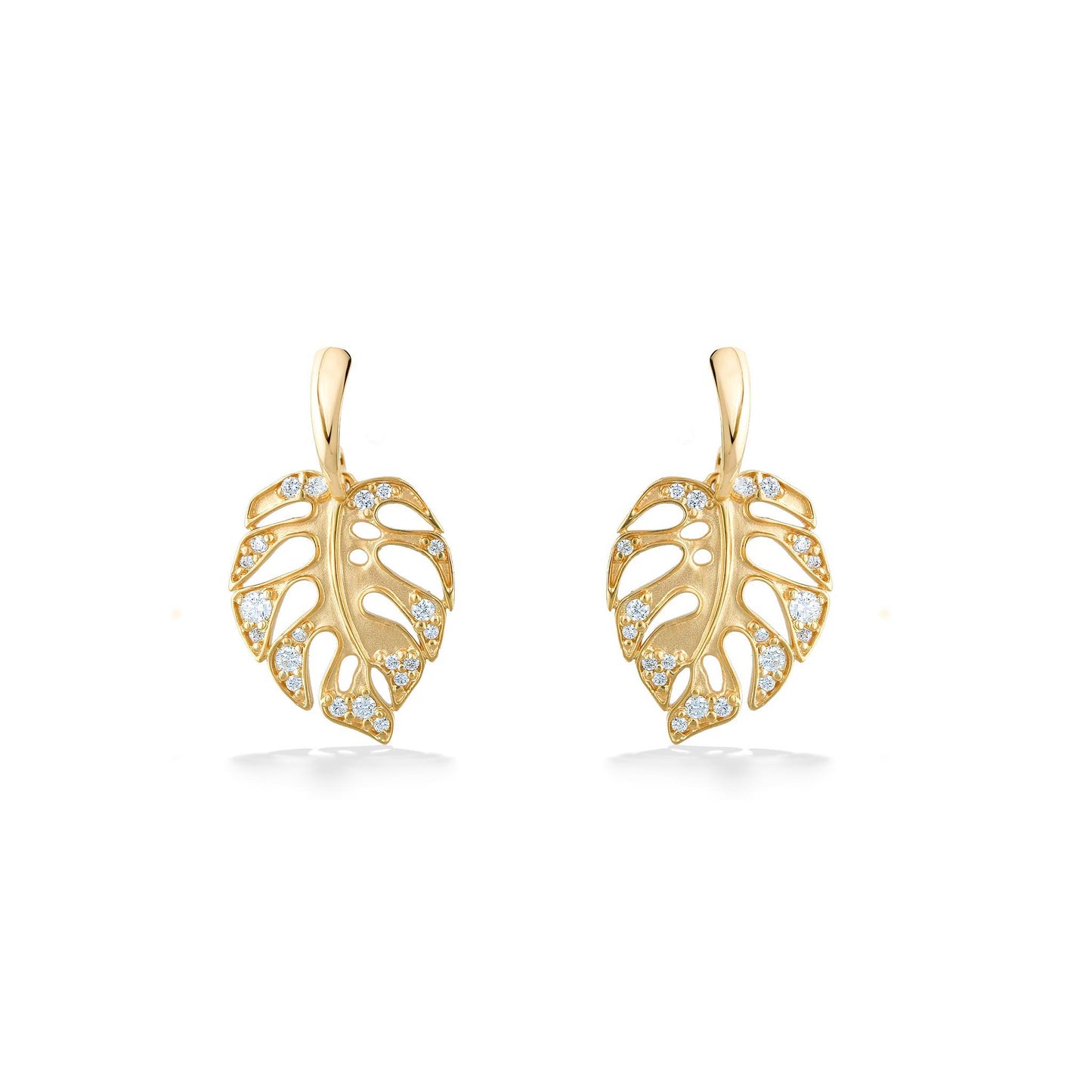 44677 - 14K Yellow Gold - Diamond Monstera Dangle Earrings