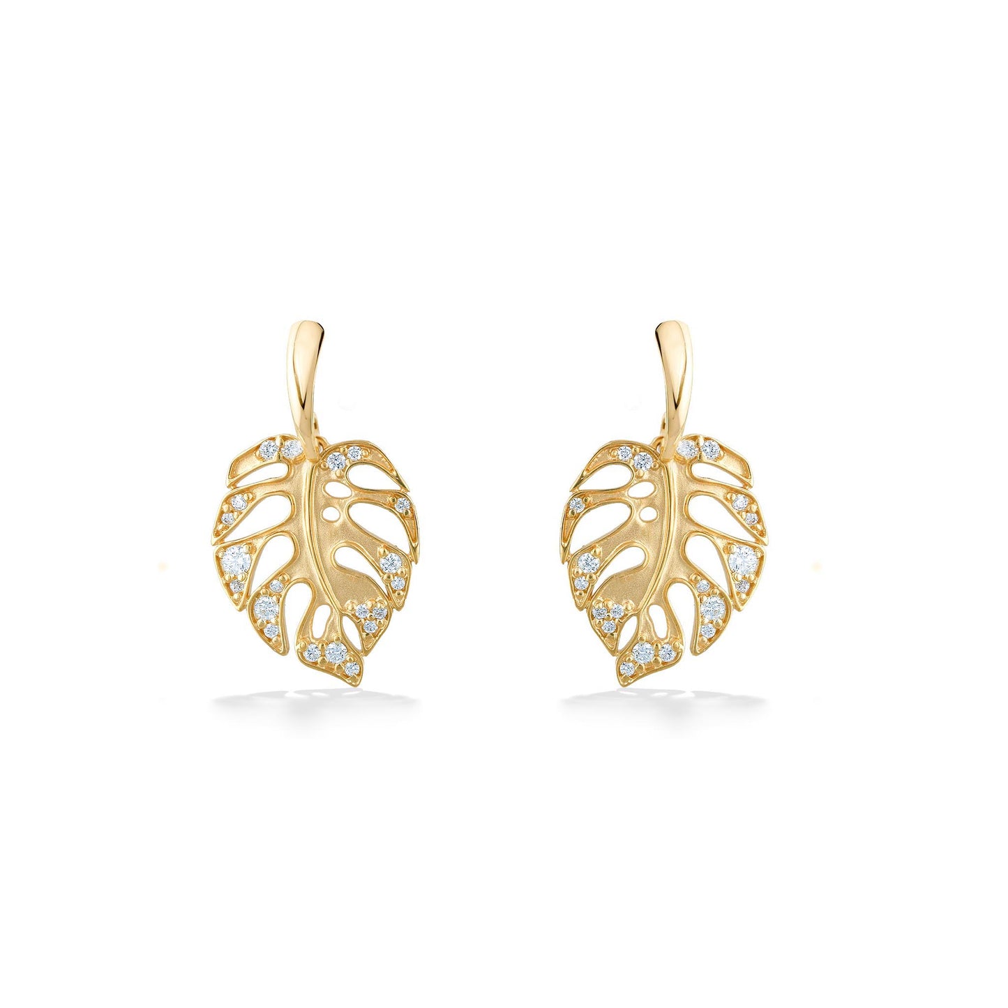 Pair of gold monstera earrings with delicate cutouts and shimmering pavé diamond details. Item No. 44677