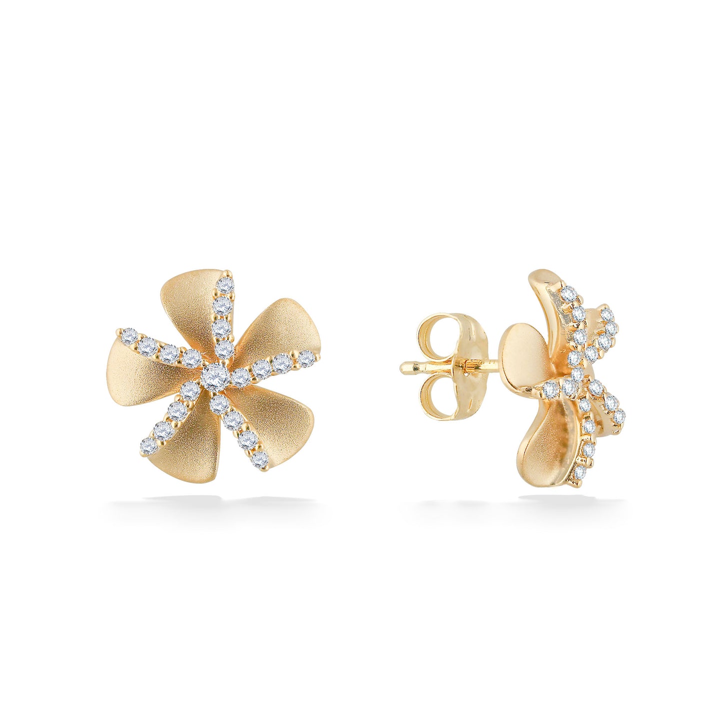 Side and front view of yellow gold plumeria stud earrings featuring sparkling diamonds. Item No. 44685