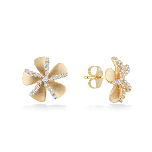 Side and front view of yellow gold plumeria stud earrings featuring sparkling diamonds. Item No. 44685