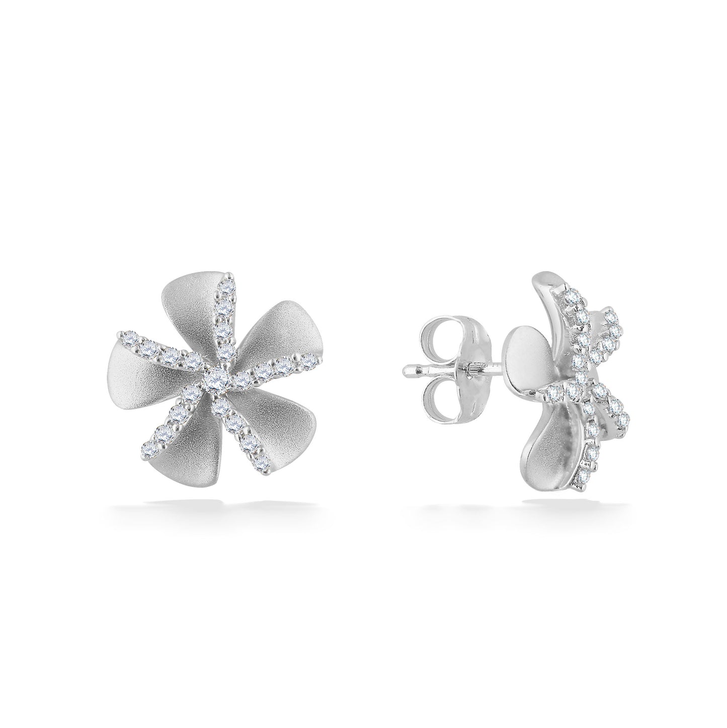 White gold plumeria earrings shown from front and profile, detailed with shimmering diamonds. Item No. 44686