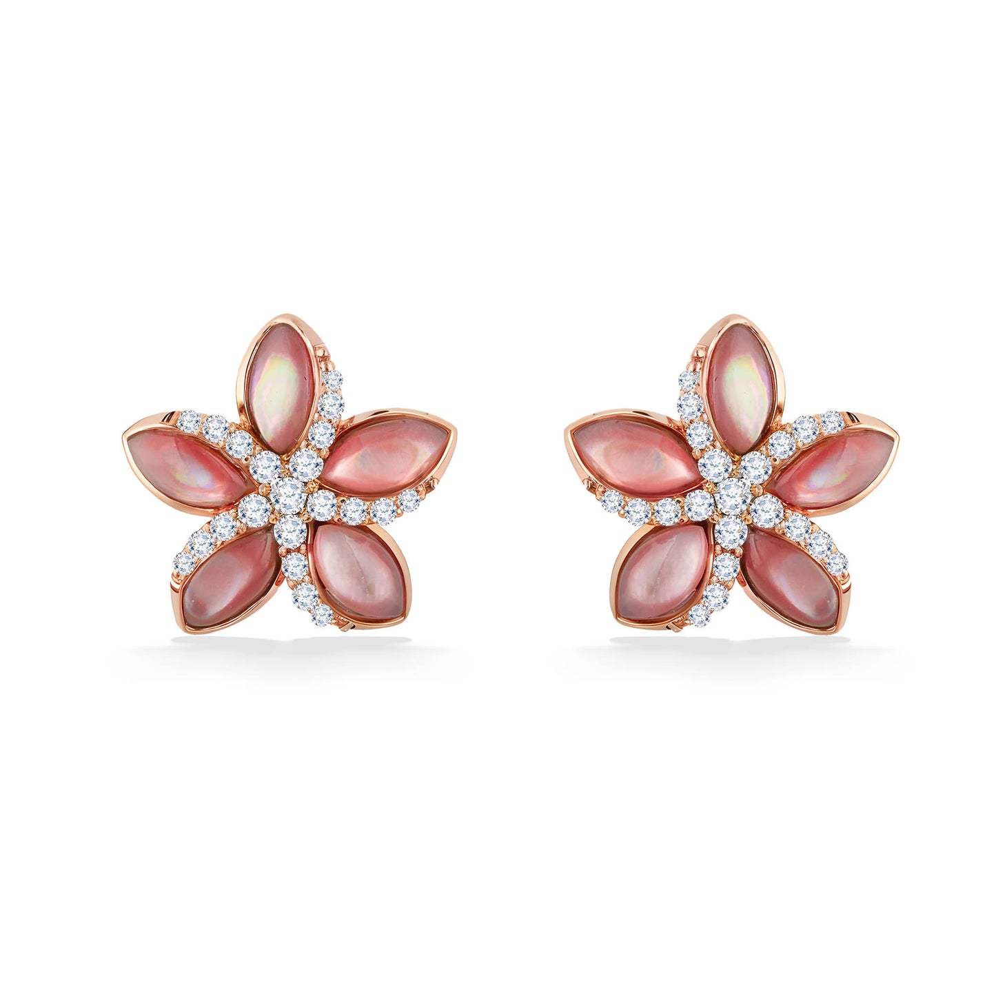 Frontal view of rose gold plumeria earrings highlighting the mirrored effect of the swirly diamond accent. Item No. 44689