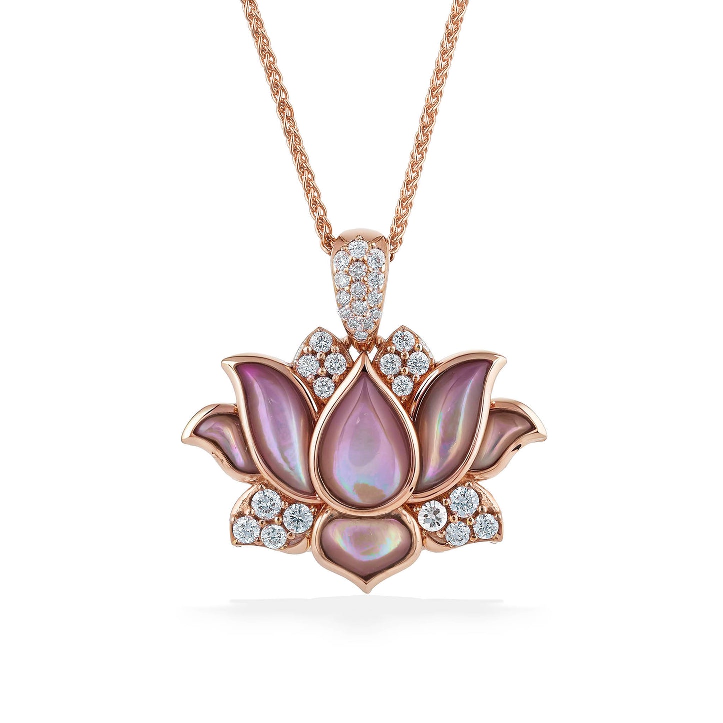 A lotus-inspired pendant blooms in rose gold with iridescent shell petals & diamond accents on a fine chain. Item No. 773249
