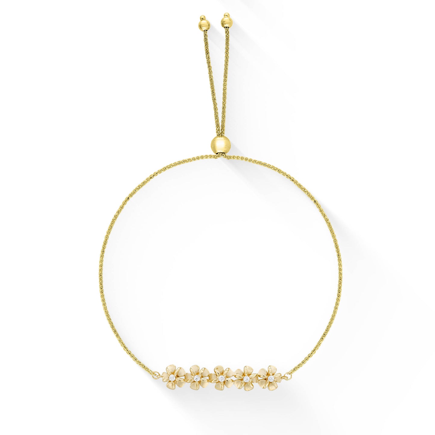 Bolo bracelet made in 14k yellow gold featuring a five plumeria design with diamond centers. Item No. 44691