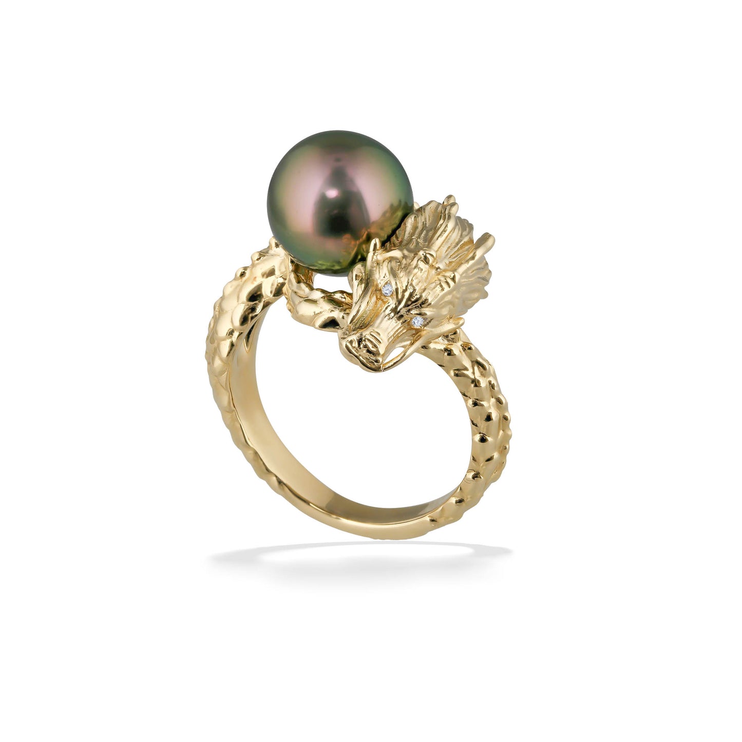 Dragon-inspired 14k yellow gold ring featuring a lustrous 9mm tahitian pearl and diamond eyes. Item No. 44699