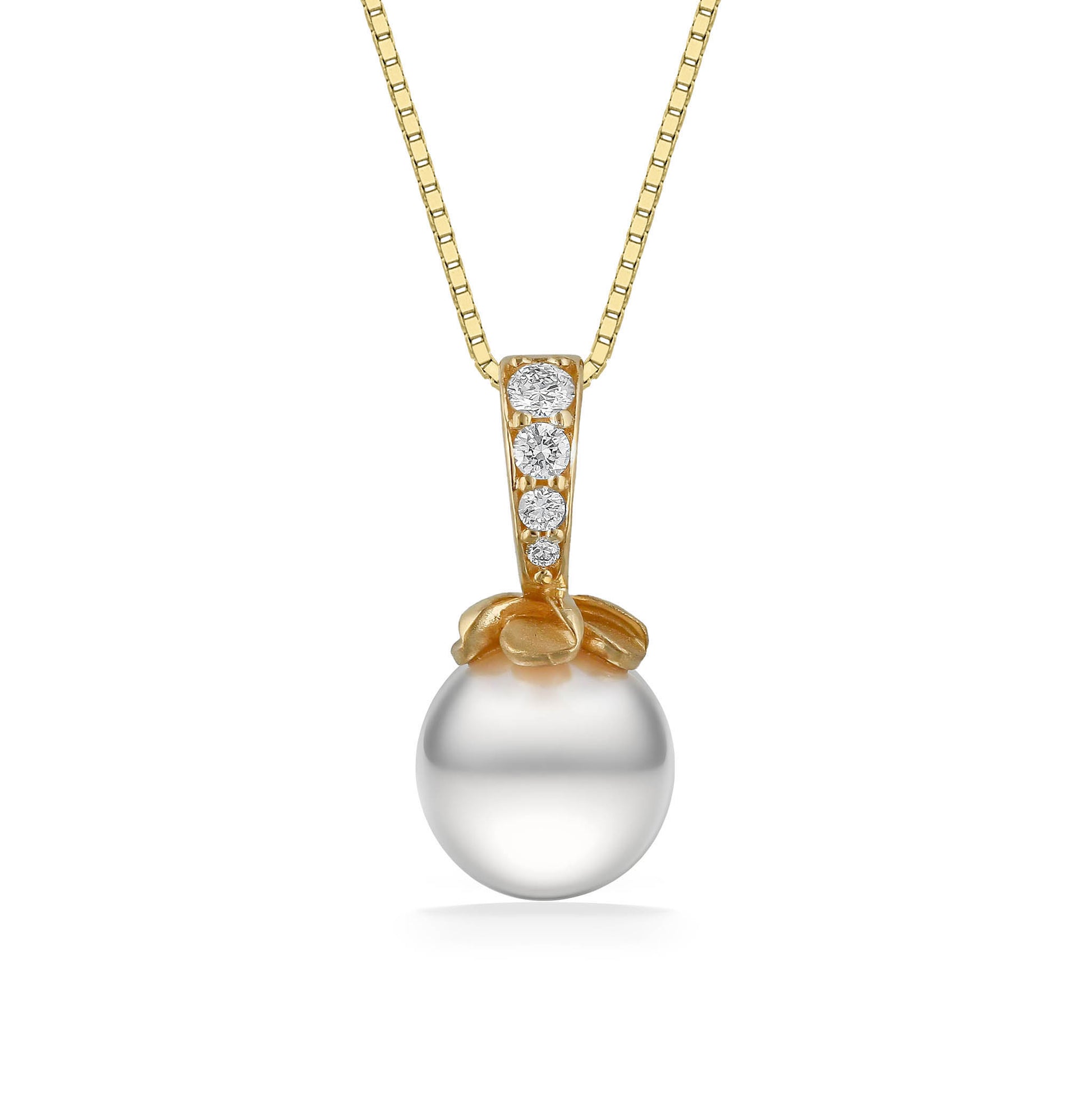 44701 - 14K Yellow Gold - White Akoya Pearl Plumeria Diamond Bail Pendant