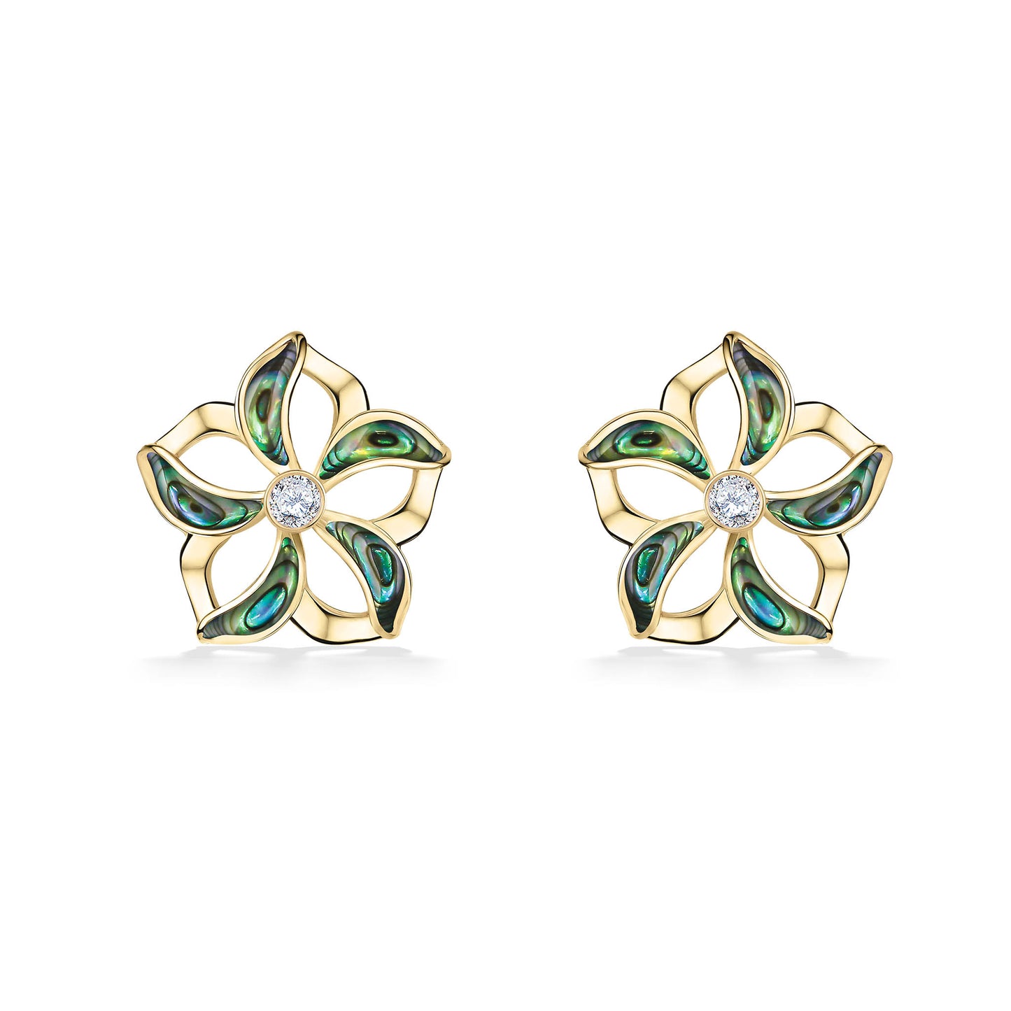 Yellow gold floating plumeria stud earrings with abalone shell inlay and diamond center. Item No. 44704
