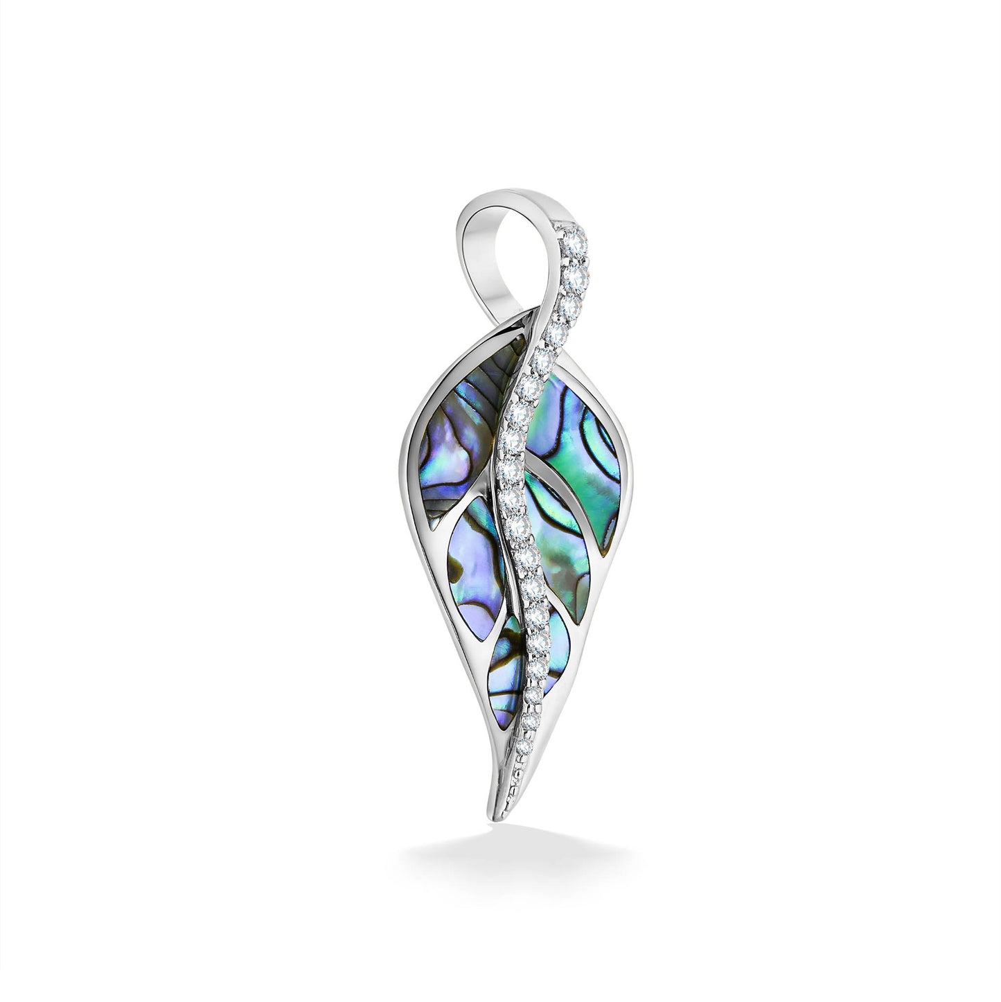 44708 - 14K White Gold - Maile Leaf Pendant with Abalone and Diamonds