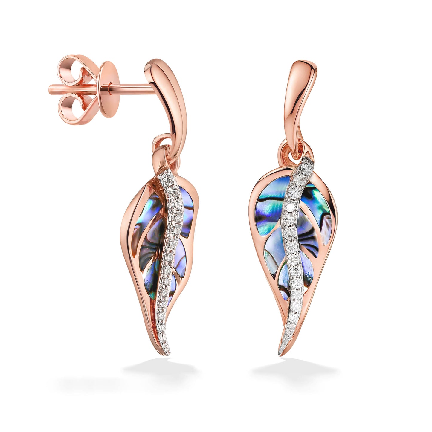 14k rose gold maile earrings with abalone inlay & wavy diamond accent; secure backings shown from angled view. Item No. 44710