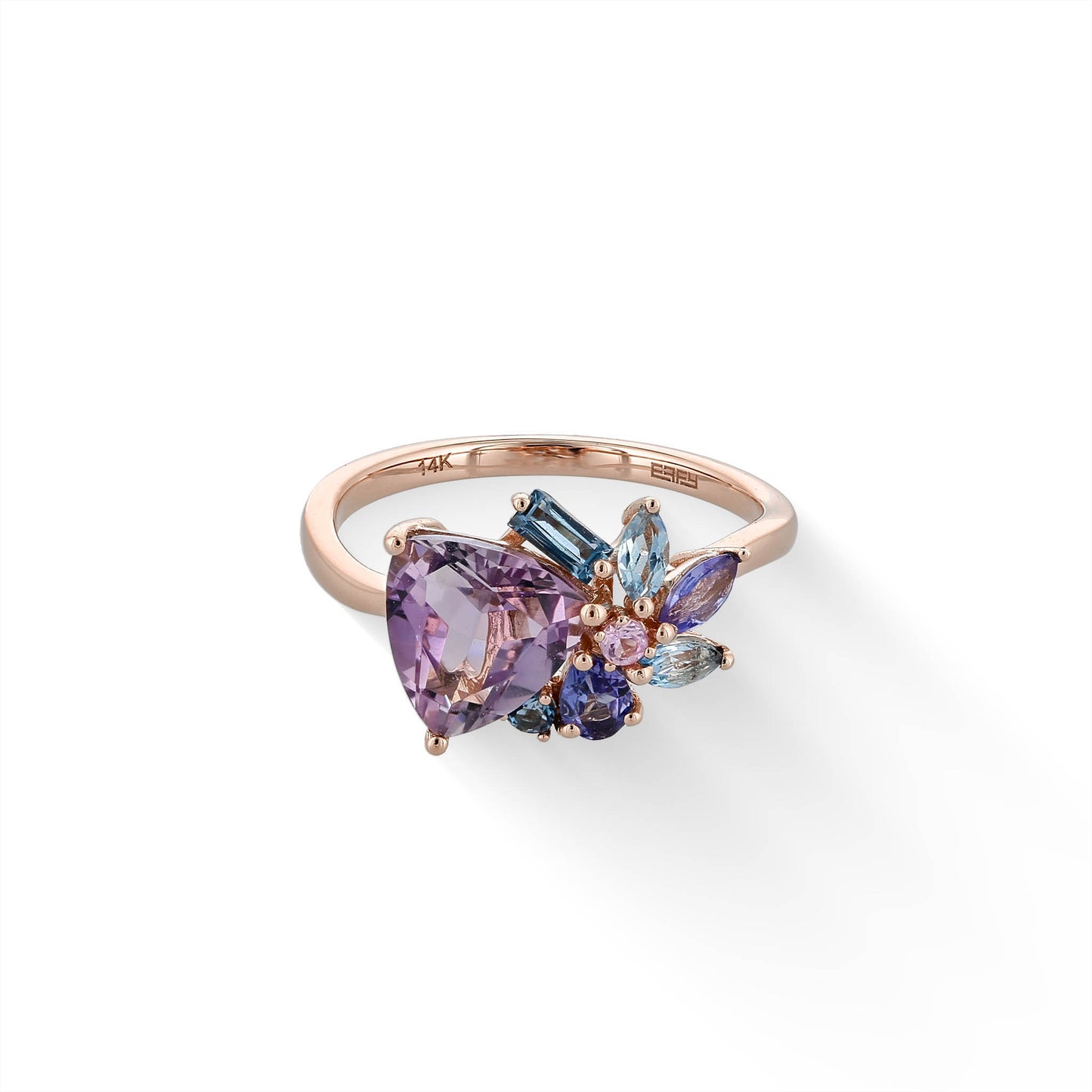 Cluster ring featuring amethyst, blue topaz, pink sapphire & tanzanite gemstones on a rose gold band, size 7. Item No. 773282