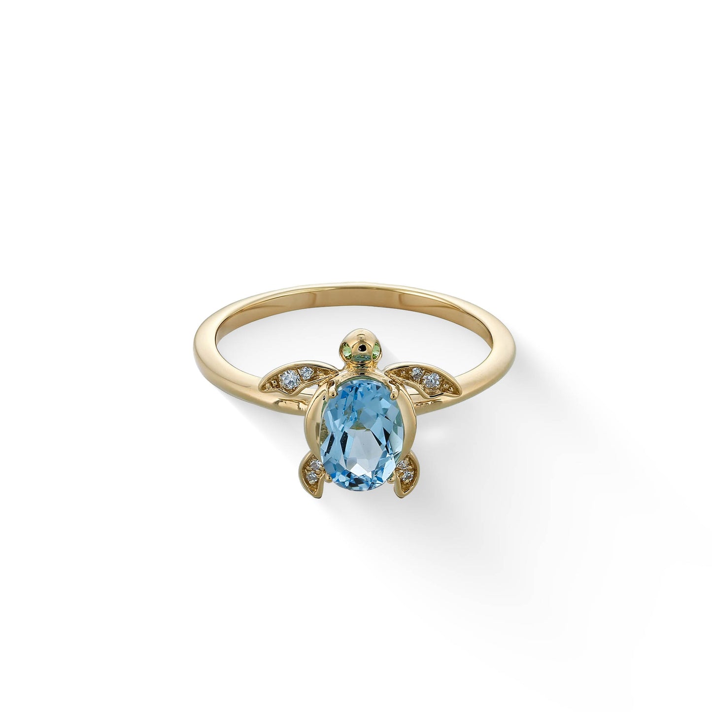 Honu ring with a blue topaz shell, diamond accented flippers and tsavorite eyes, set in 14k yellow gold. Item No. 773296