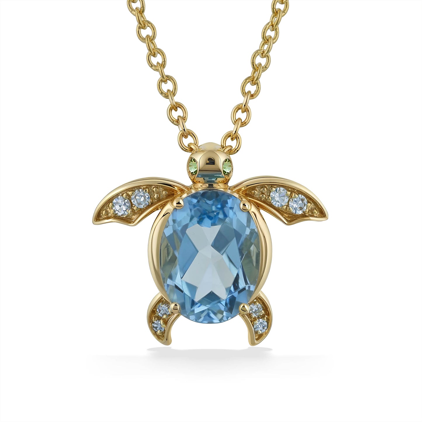 Yellow gold Effy honu pendant set with blue topaz, tsavorites & diamond accents on an adjustable chain. Item No. 773297