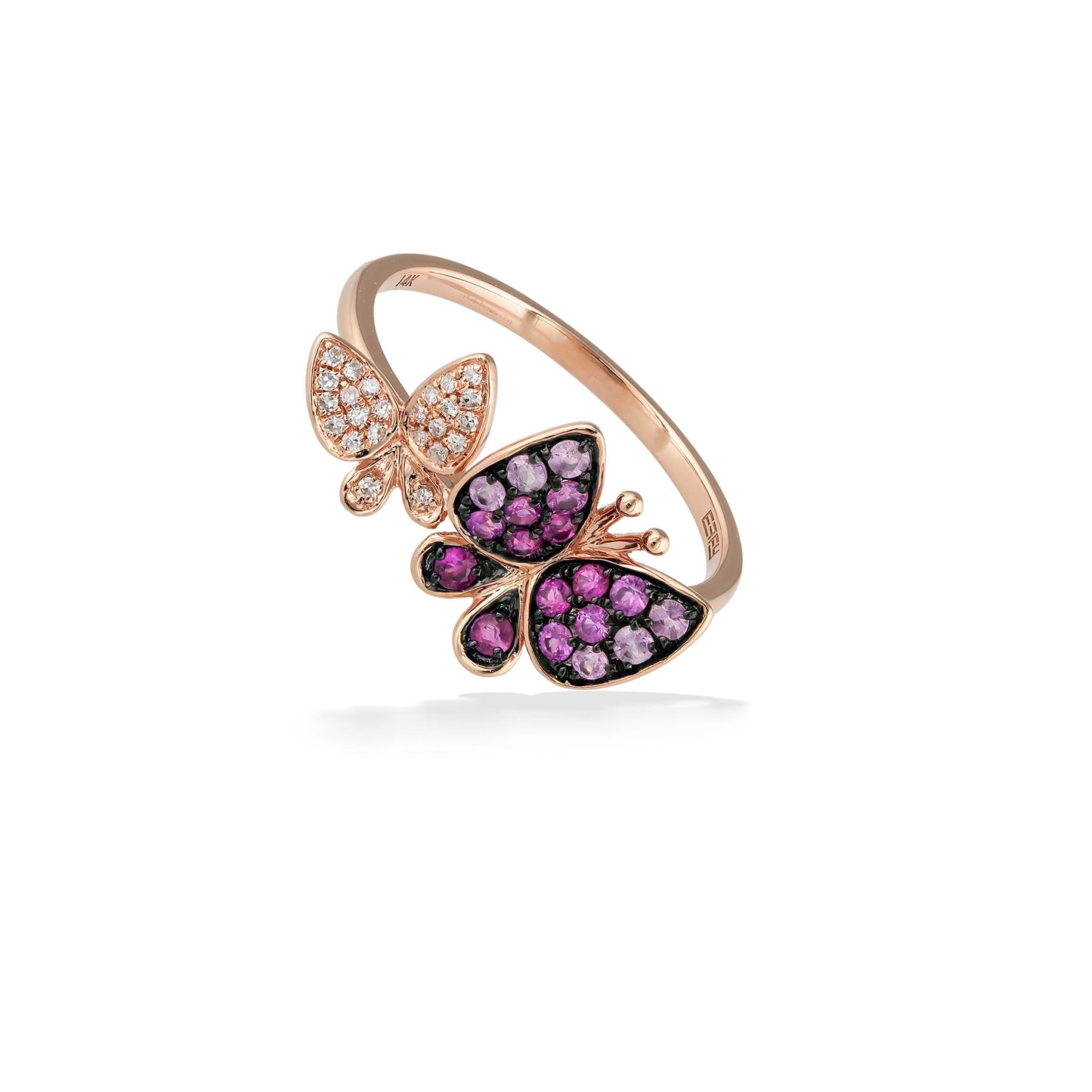 Rose gold butterfly ring with a butterfly in white diamonds & the other with pink sapphires in pavé setting. Item No. 773330
