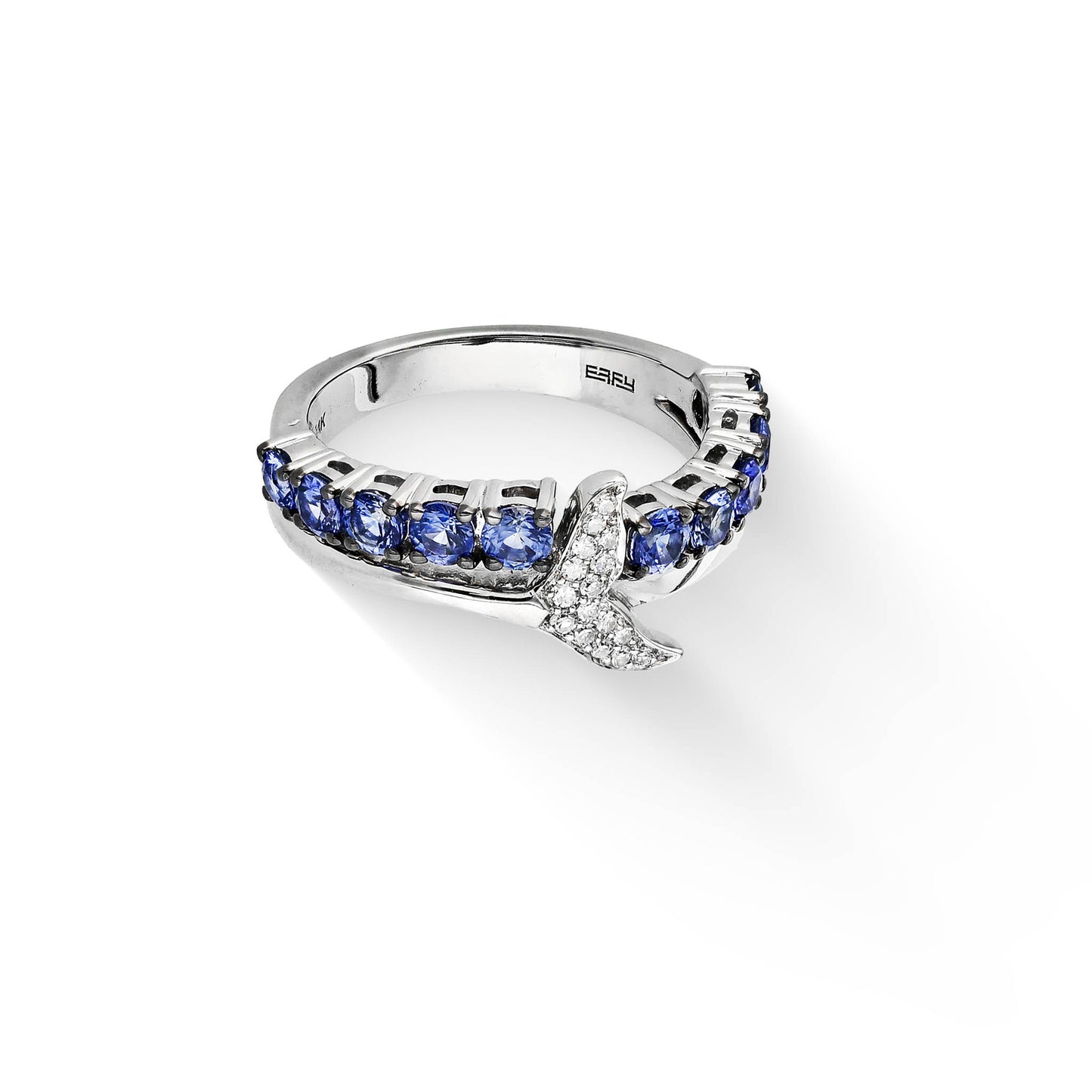 Horizontal view of ring with blue sapphire on top of diamond accent whale tail inspired split shank. Item No. 773340