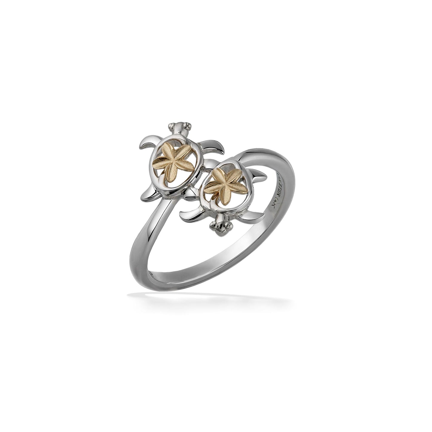 Bypass-style ring with 2 turtles made in sterling silver, adorning 14k yellow gold plumerias on their backs. Item No. 44723