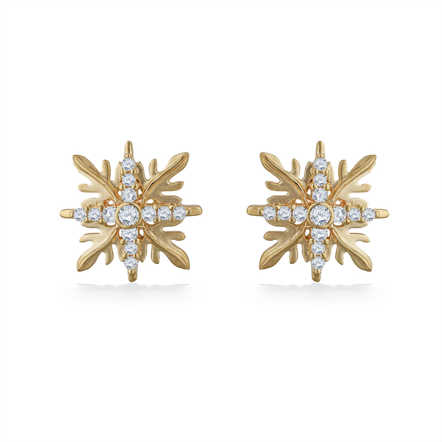 Pair of gold ulu quilt earrings with sparkling diamond accents in a symmetrical island-inspired design. Item No. 44742