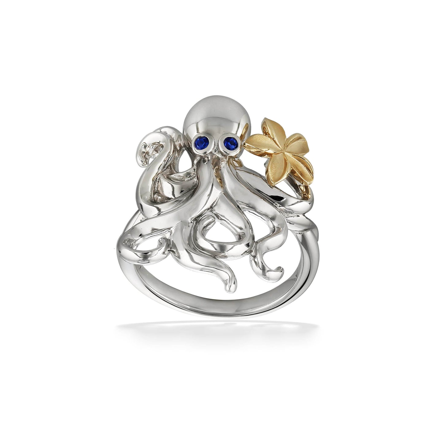 Front view of sterling silver octopus ring featuring sapphire-blue eyes and gold plumeria flower. Item No. 44736