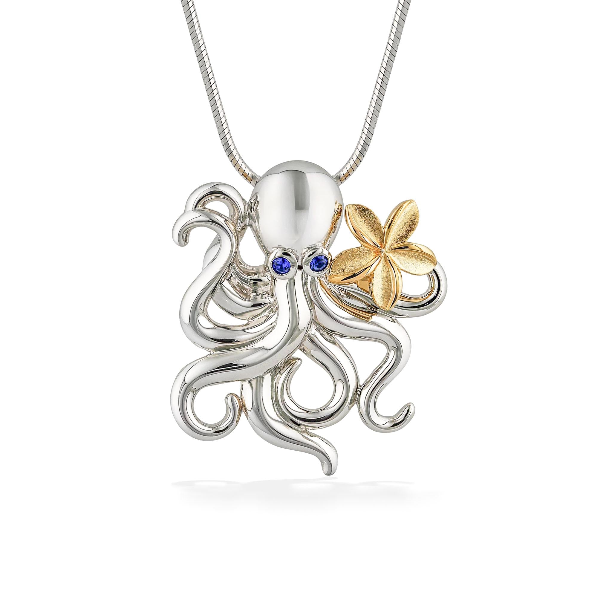 Octopus Pendant with Sapphire–Sterling Silver & Gold–Na Hoku