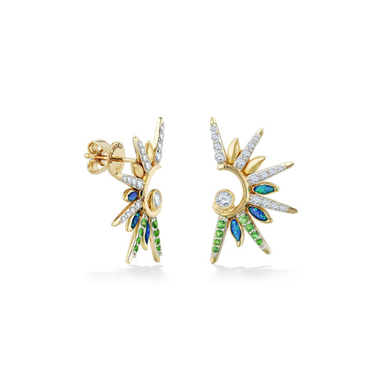 Radiant Green Flash Sunset Studs in gold with multi color stones & opal inlay. Left side turned to see earnut. Item No. 44749