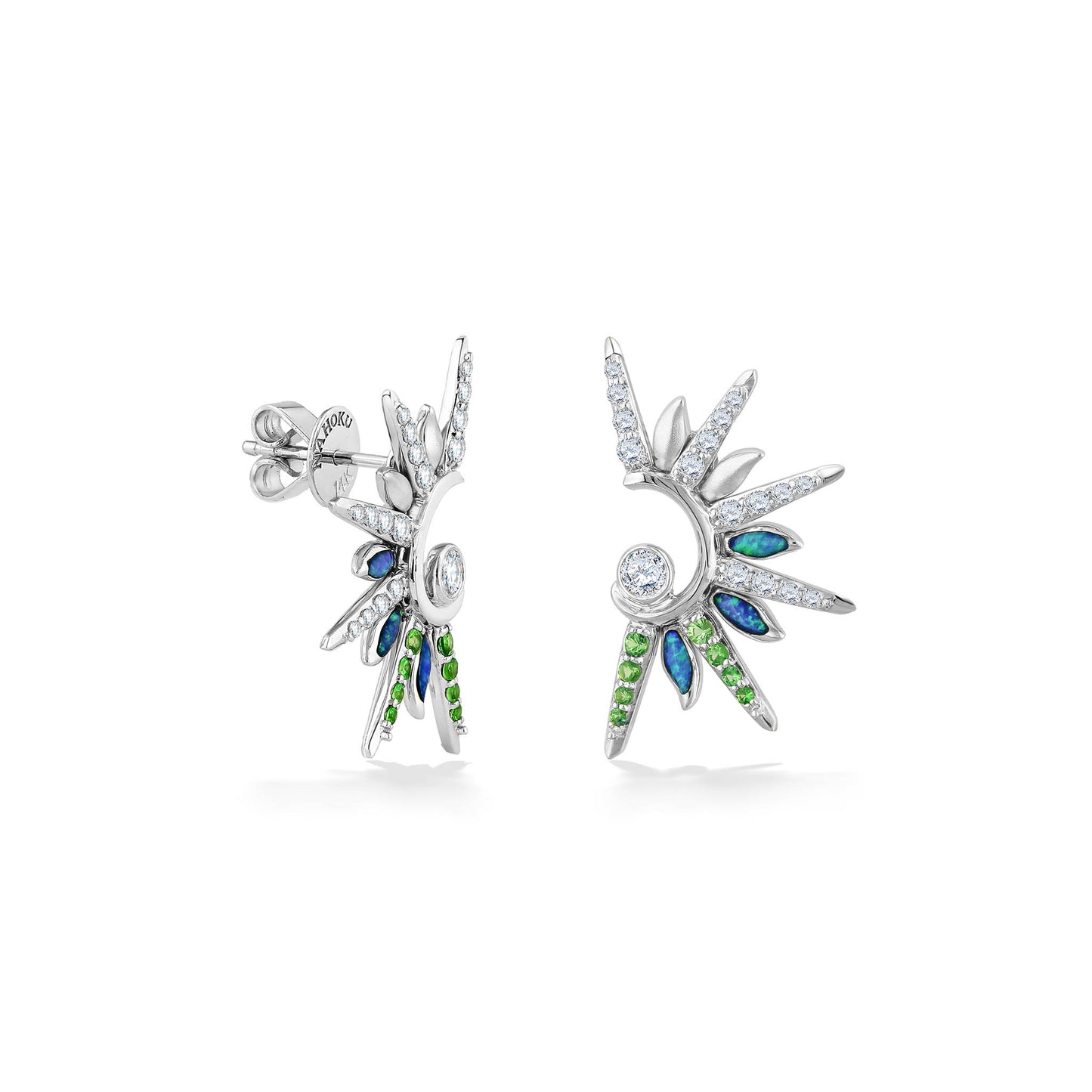 Green Flash Sunset Stud earrings in white gold with opal, tsavorites & diamonds. Left side slightly turned. Item No. 44750