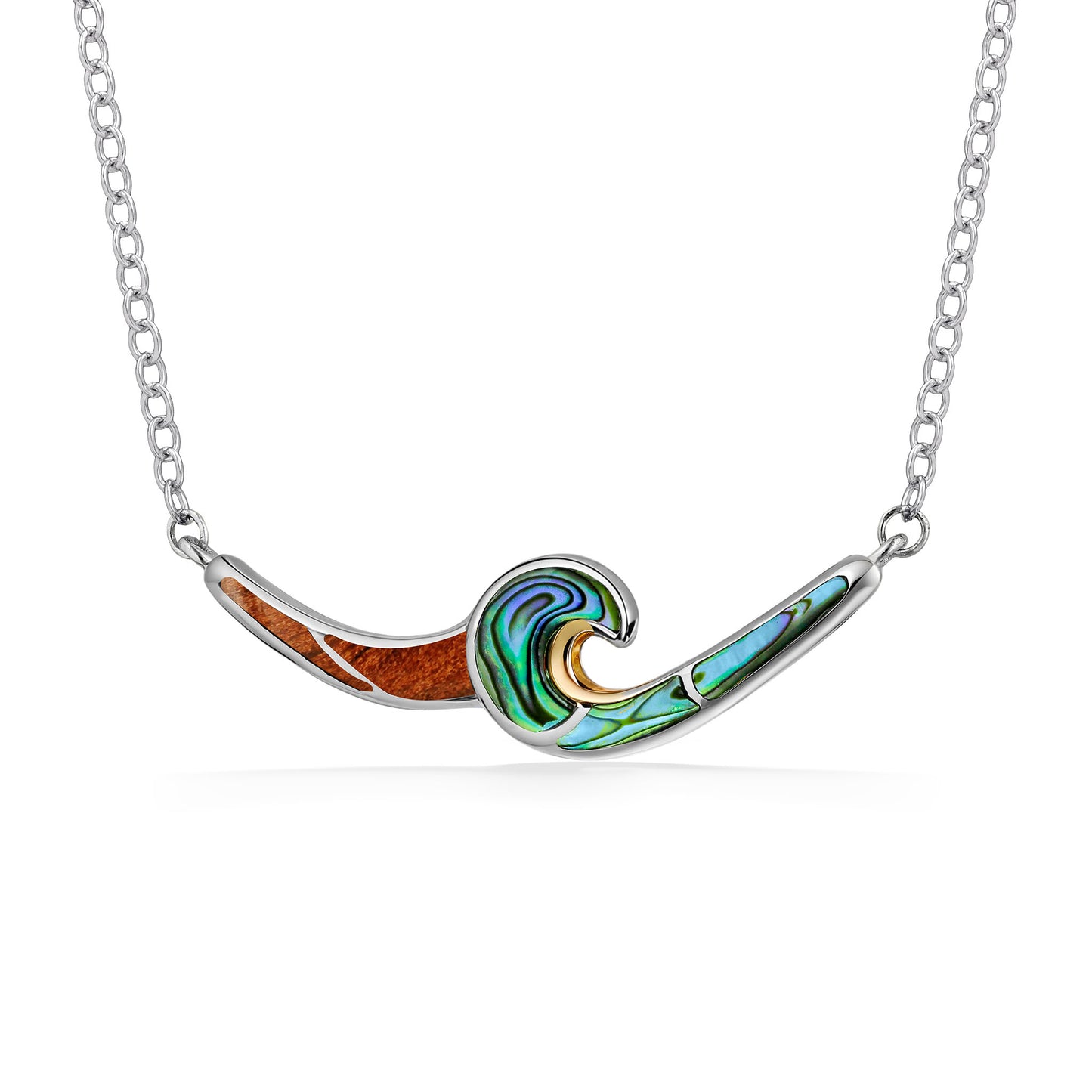 Horizontal wave-shaped design with abalone, koa wood, and 18k gold inlay on a sterling silver chain necklace. Item No. 44751