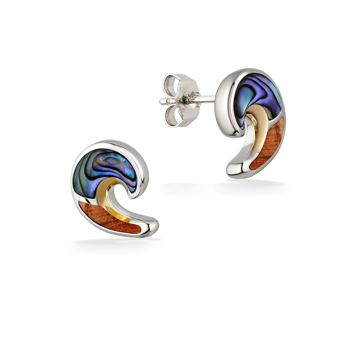 Ocean swell stud earrings with abalone, koa wood, and 18k gold inlay set in polished sterling silver. Item No. 44752