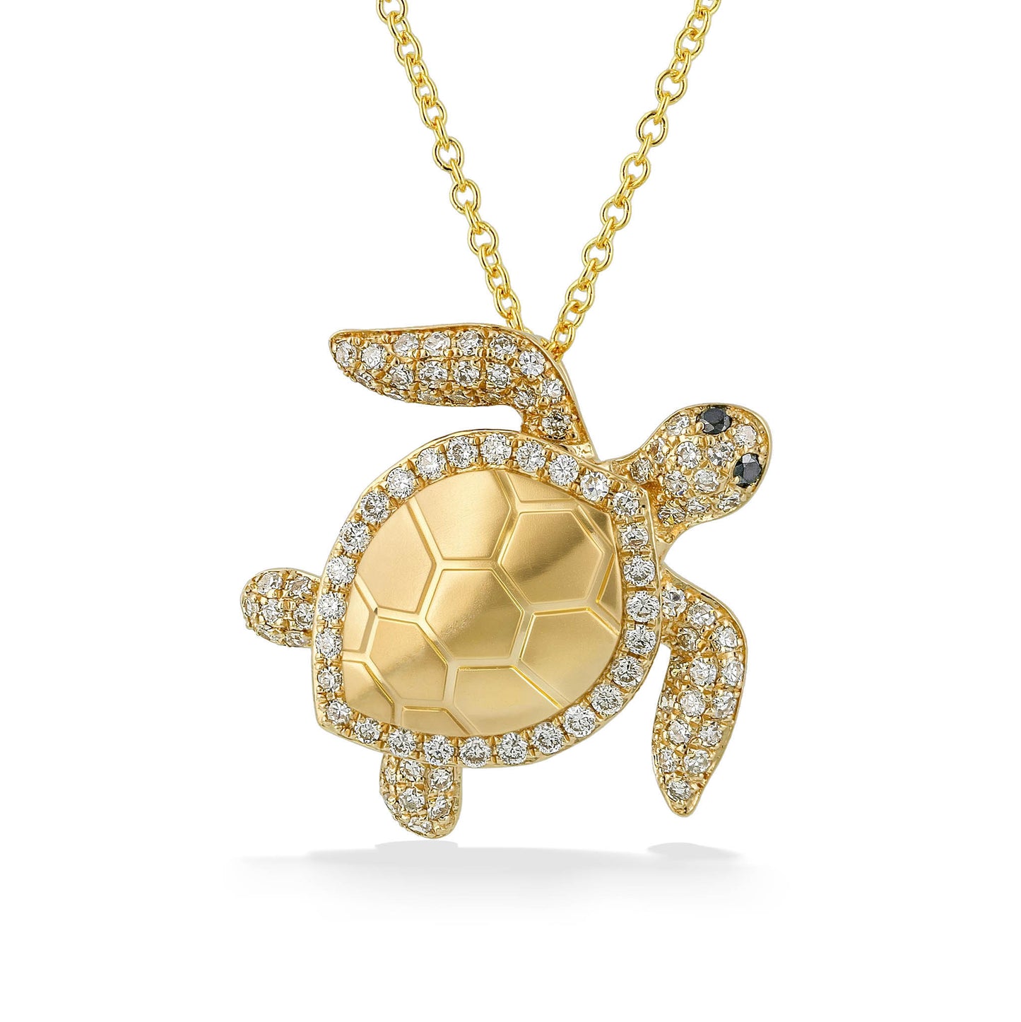 Effy sea turtle pendant with pavé-set black and white diamonds on shell and flippers. Item No. 773493