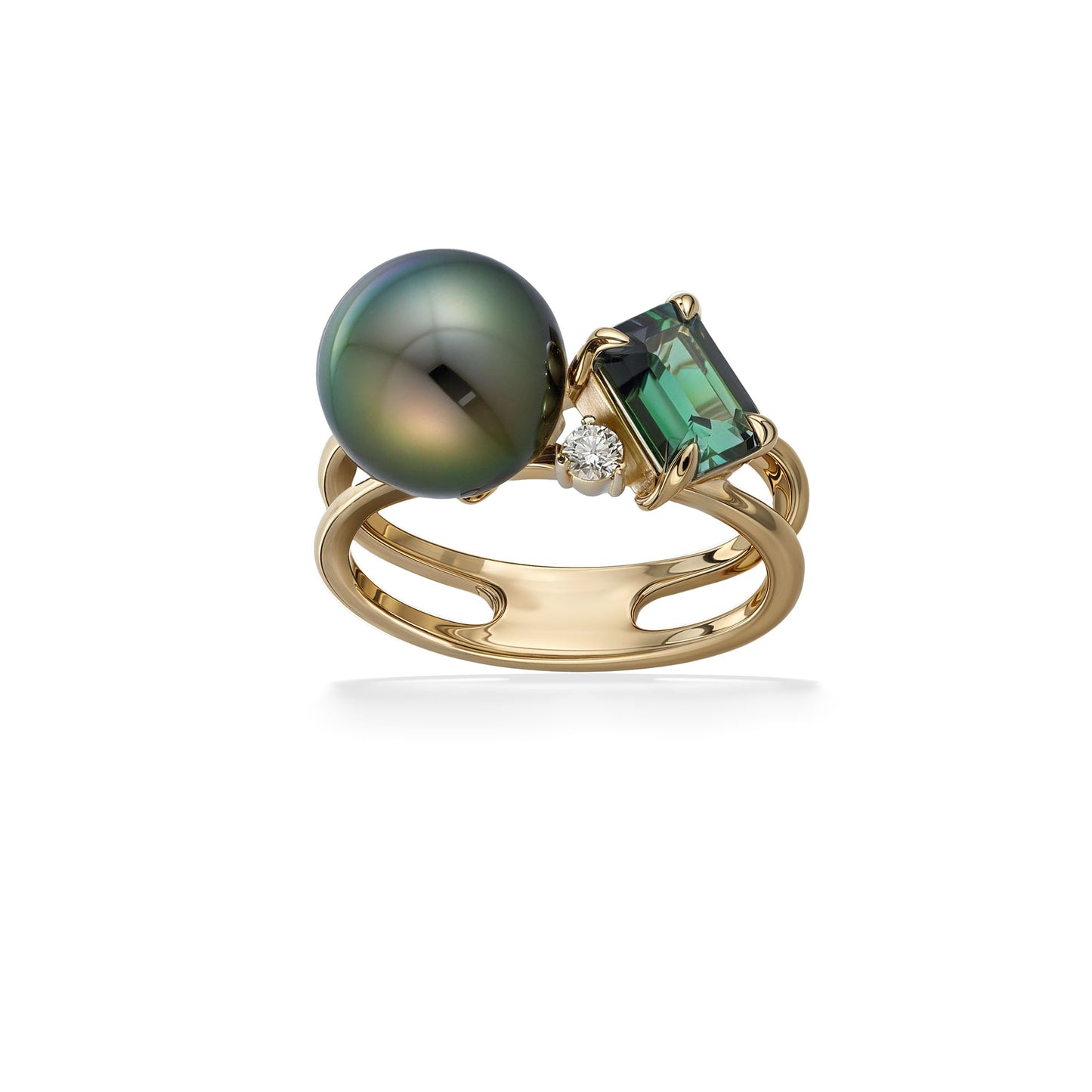 Front view of a 14k yellow gold ring with green tourmaline, tahitian pearl & a round diamond centerpiece. Item No. 44955