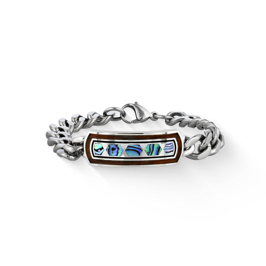 44759 - Sterling Silver and Stainless Steel - ID Bracelet with Enamel, Abalone and Koa Wood