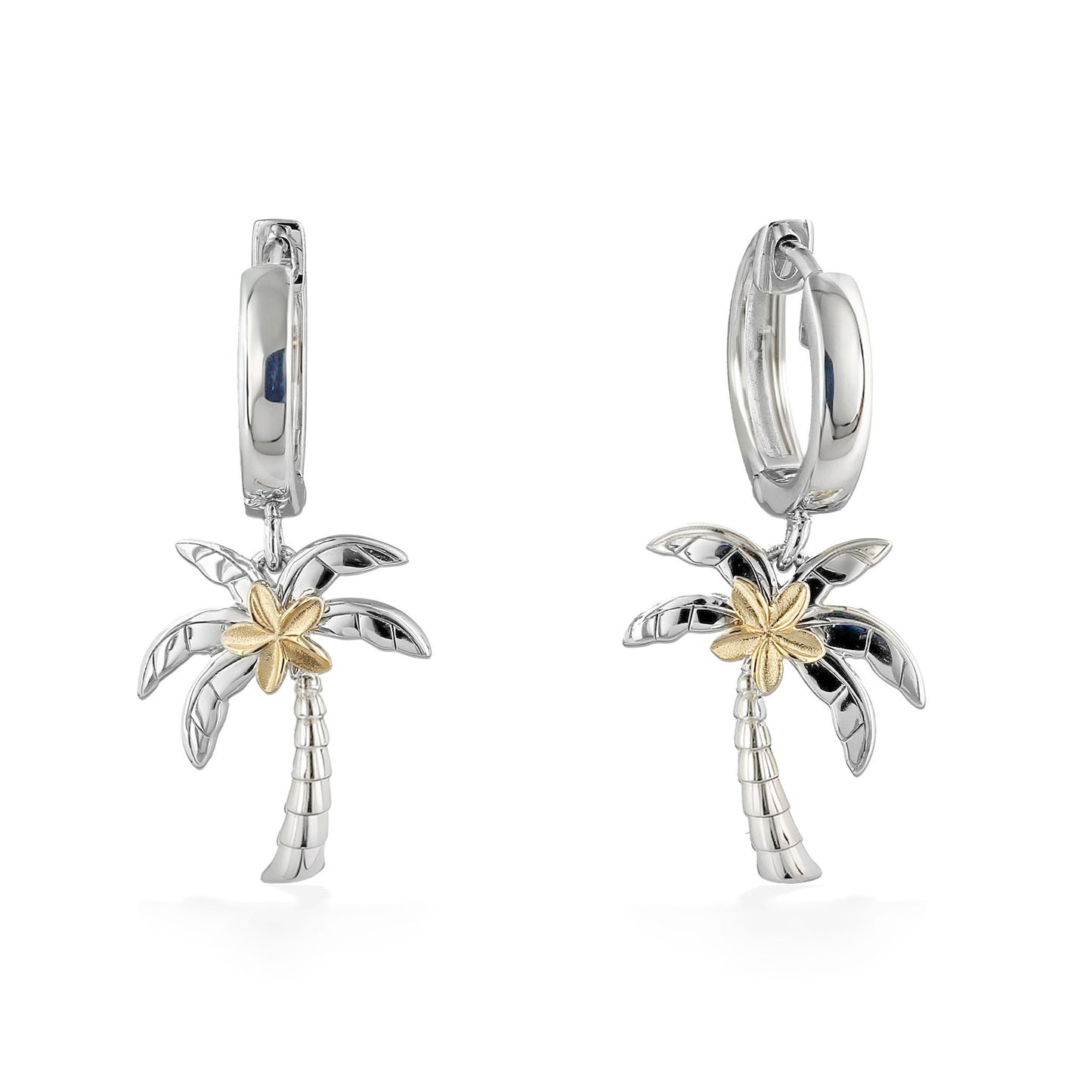 Palm trees dangling on hooplets, made in sterling silver with a 14k yellow gold plumeria in center of leaves. Item No. 44762
