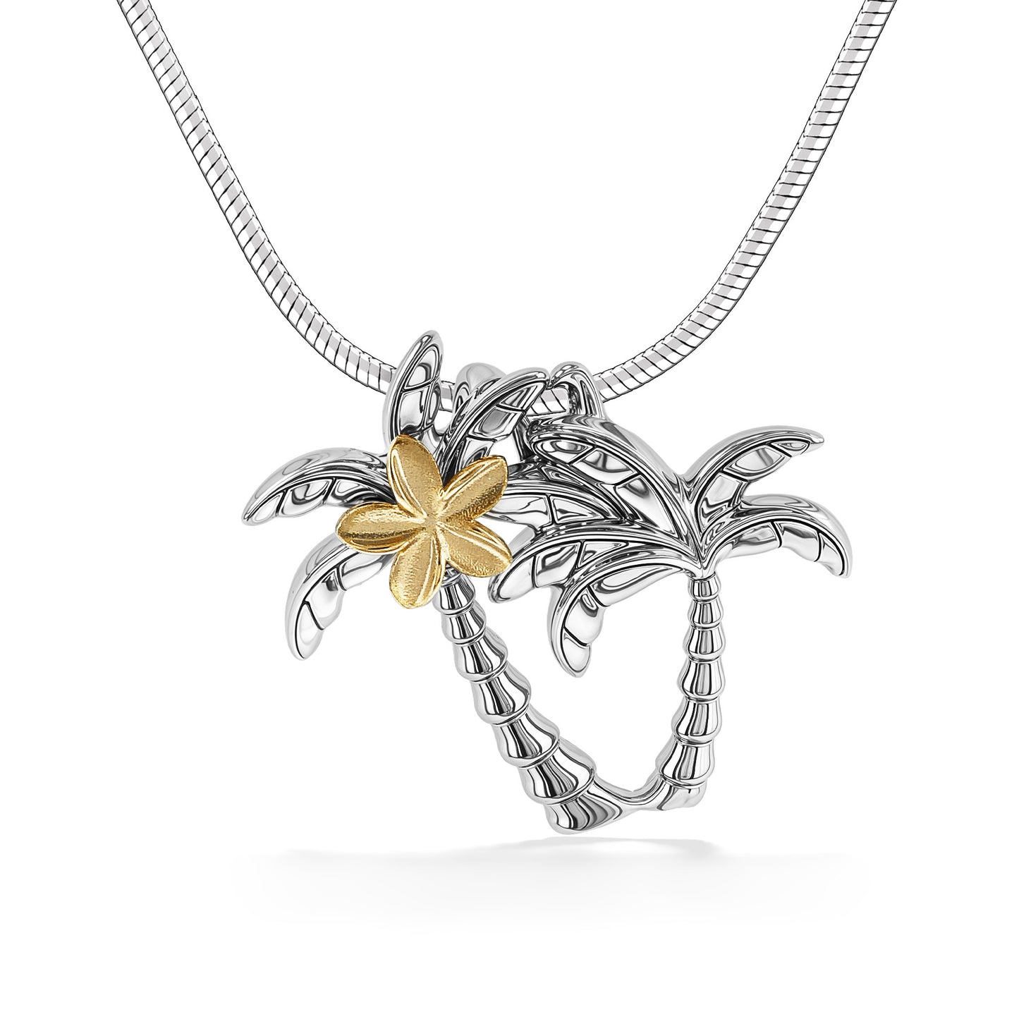 Pair of sterling silver palm trees with shorter right tree & yellow gold plumeria in the center of left tree. Item No. 44761