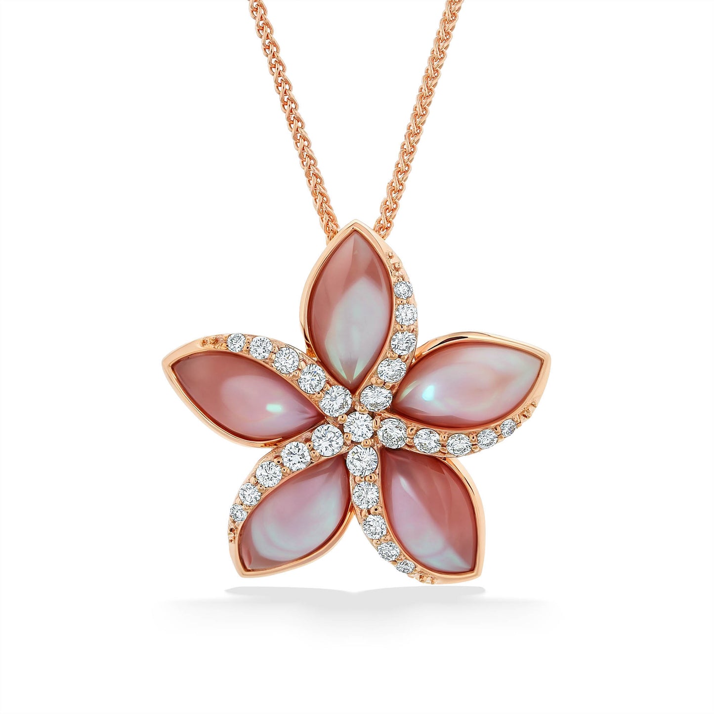 Plumeria pendant in rose gold with pink mother of pearl inlay & diamonds in flowers center swirling outward. Item No. 44764