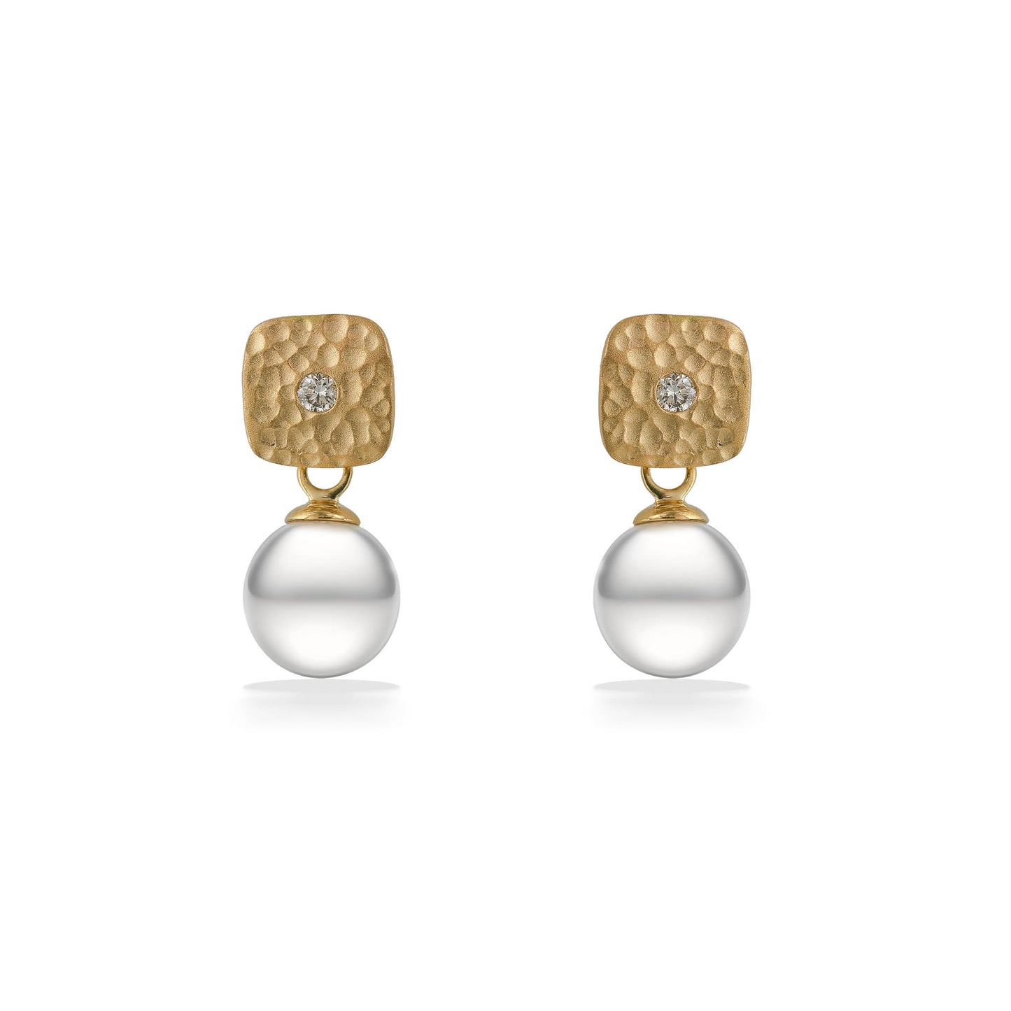 Textured square drop earrings in yellow gold with 9mm white South Sea pearls and diamond centers, front view. Item No. 44770