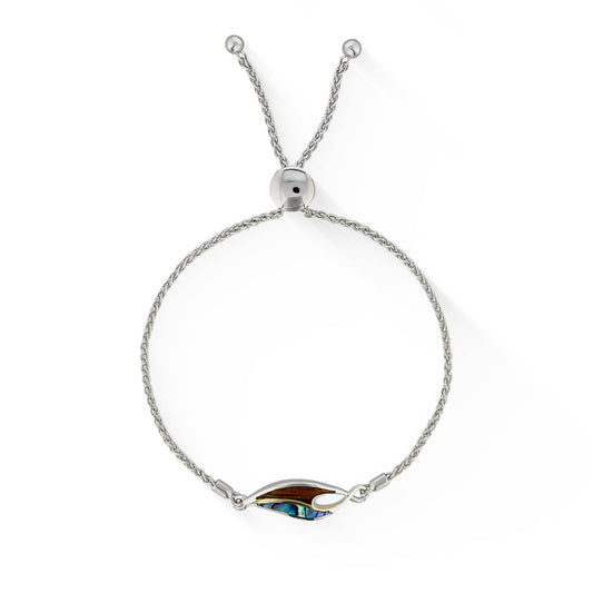 44767 - 18K Yellow Gold and Sterling Silver - Maile Leaf Abalone and Koa Wood Adjustable Bolo Bracelet