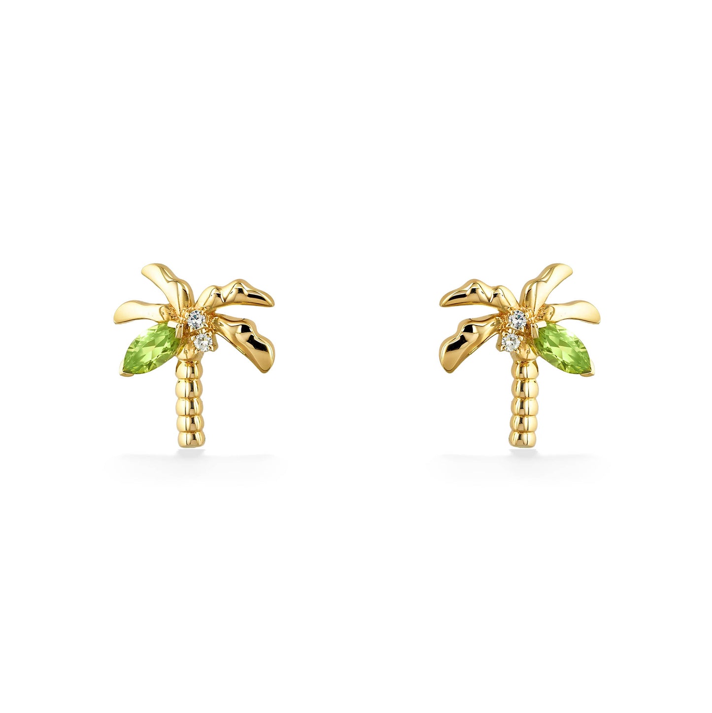 Palm tree stud earrings with diamond accents and a peridot stone, set in 14k yellow gold. Item No. 44769