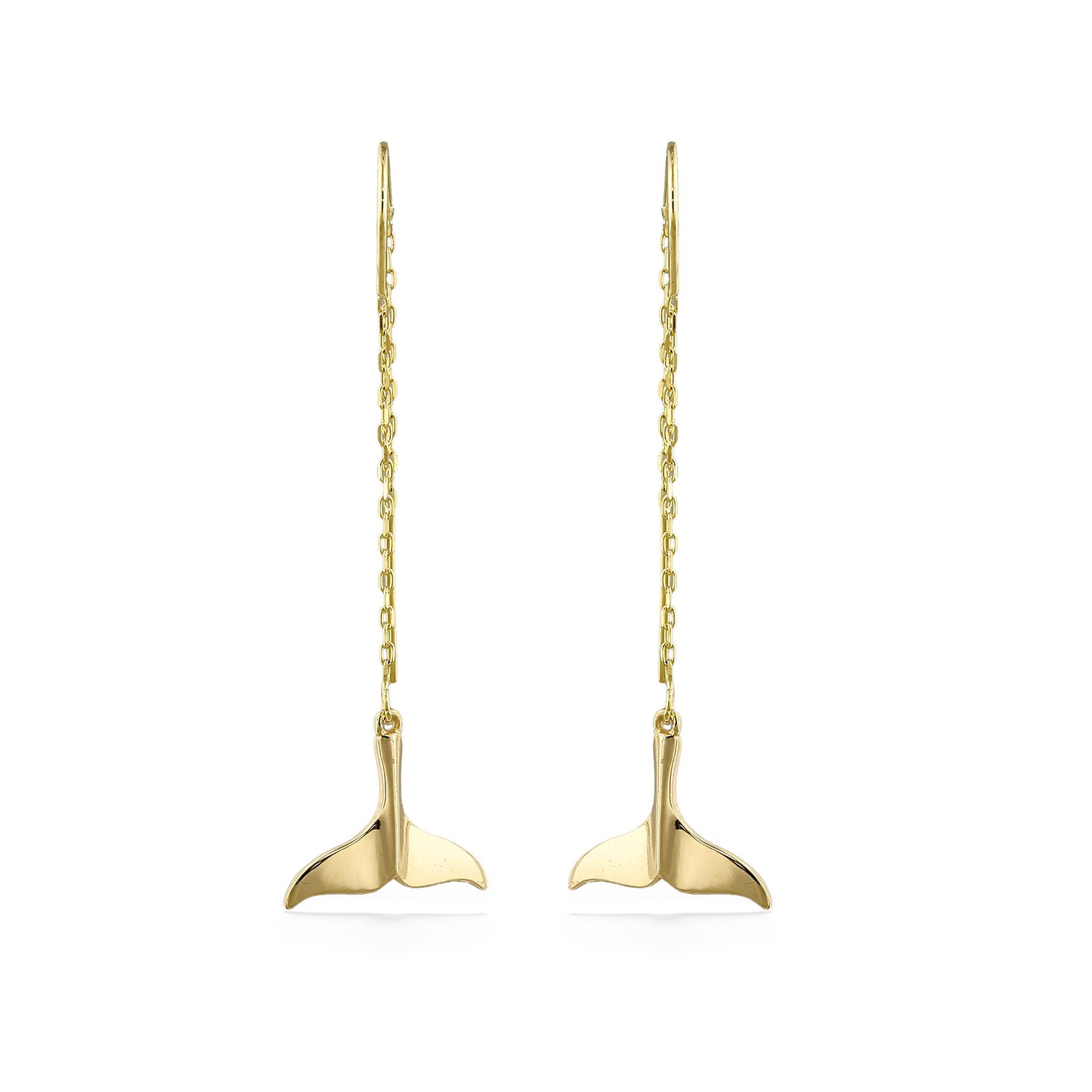 Delicate 14k yellow gold threader earrings featuring slim chains that flow into polished whale tail charms. Item No. 44773