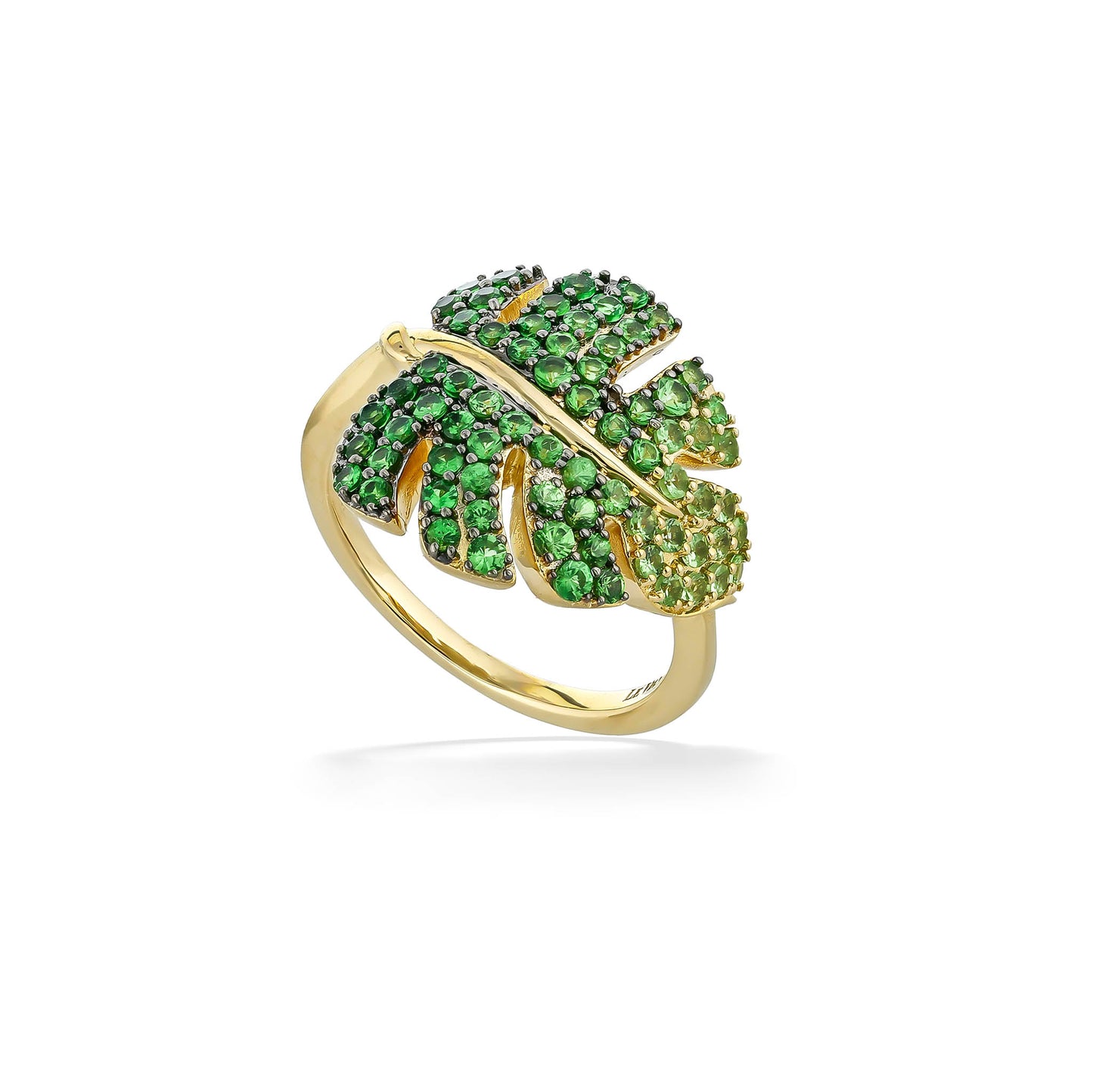 Monstera leaf shaped ring set in 14k yellow gold, adorned with green tsavorite gemstones in ombré design. Item No. 773501