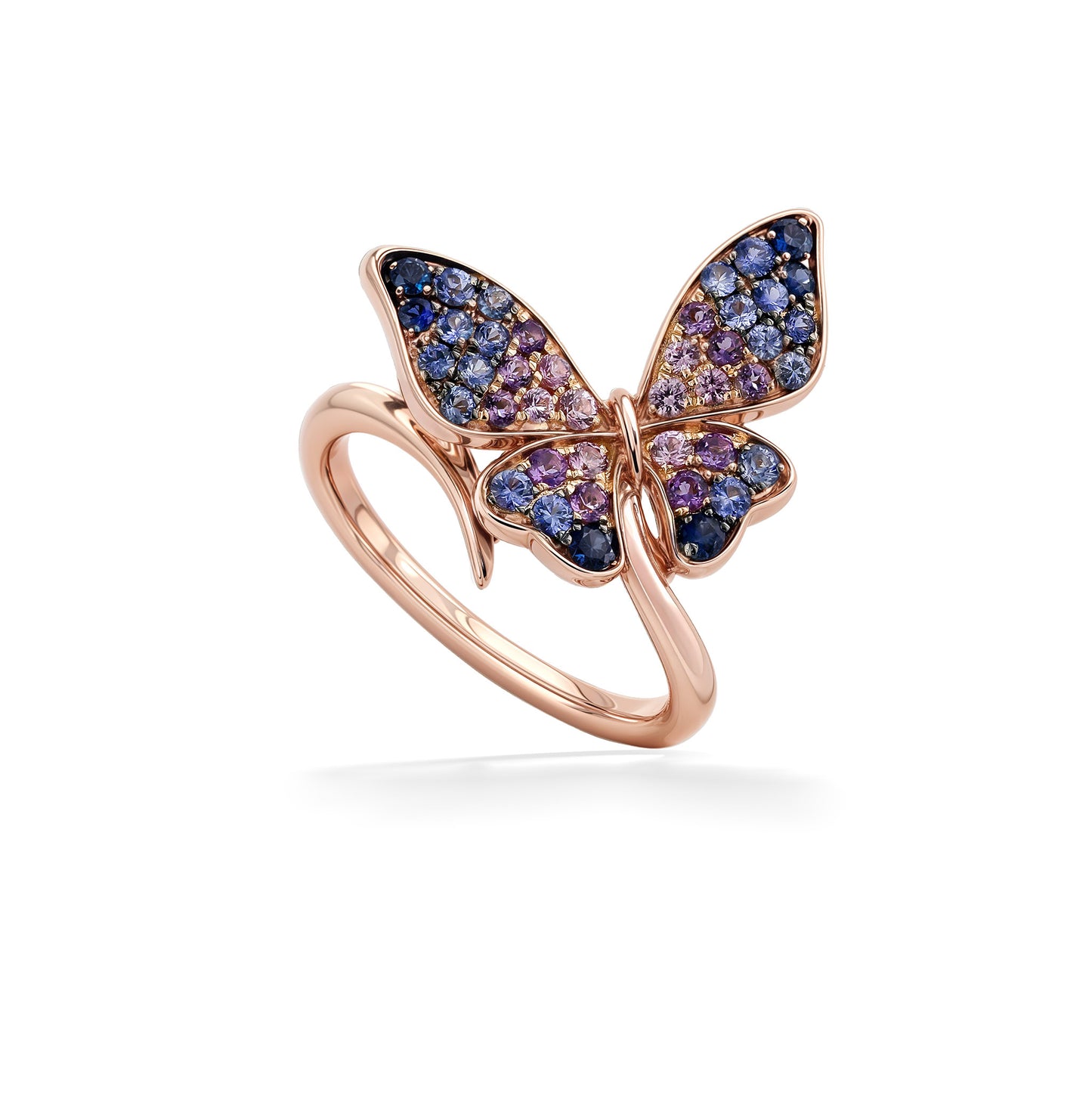 Open-winged butterfly ring with gradient blue, purple, and pink gemstones set in 14k rose gold. Item No. 773506