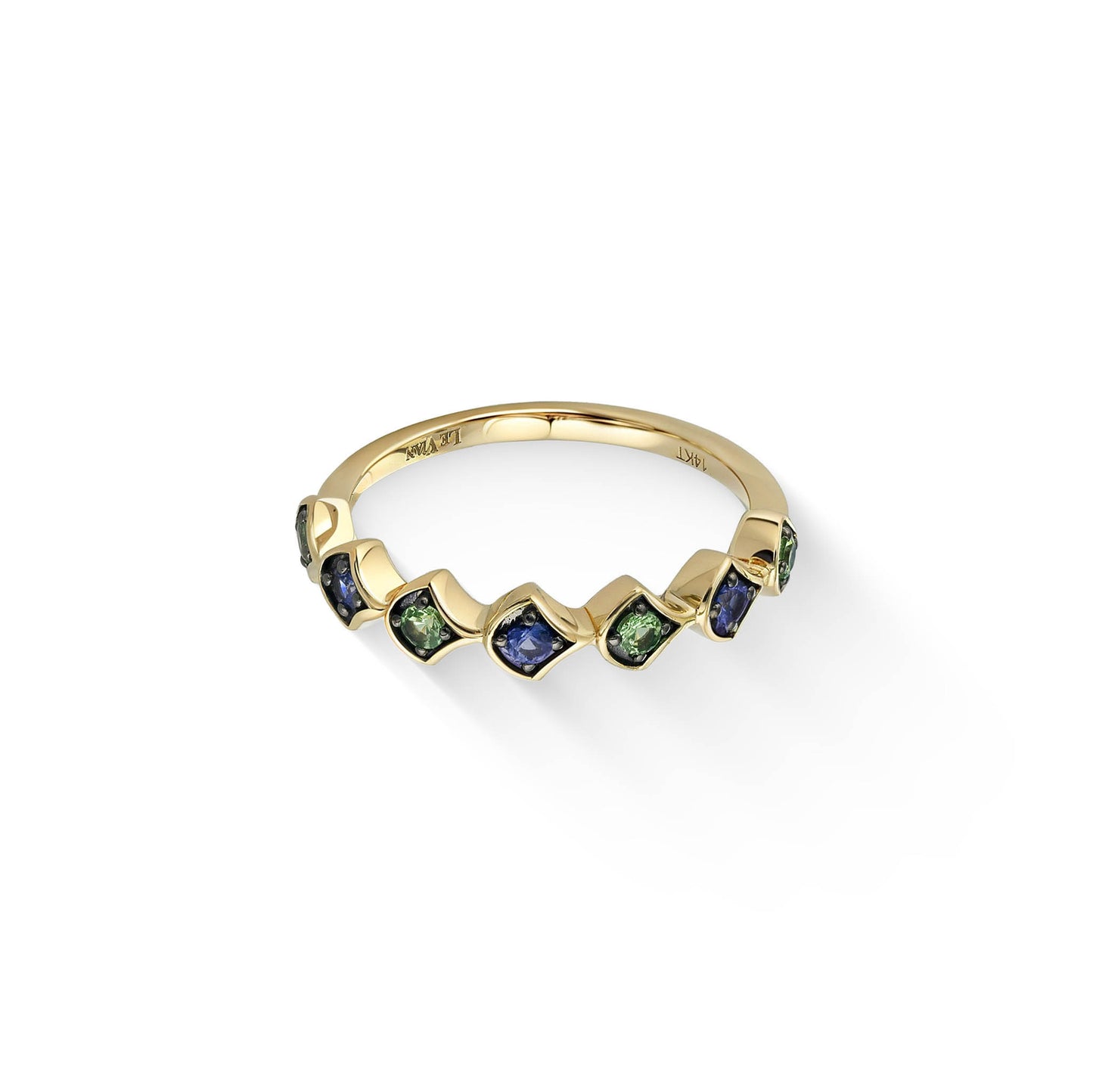 Horizontal view of the 14k gold ring with blue and green gemstones in a chevron-style pattern. Item No. 773512