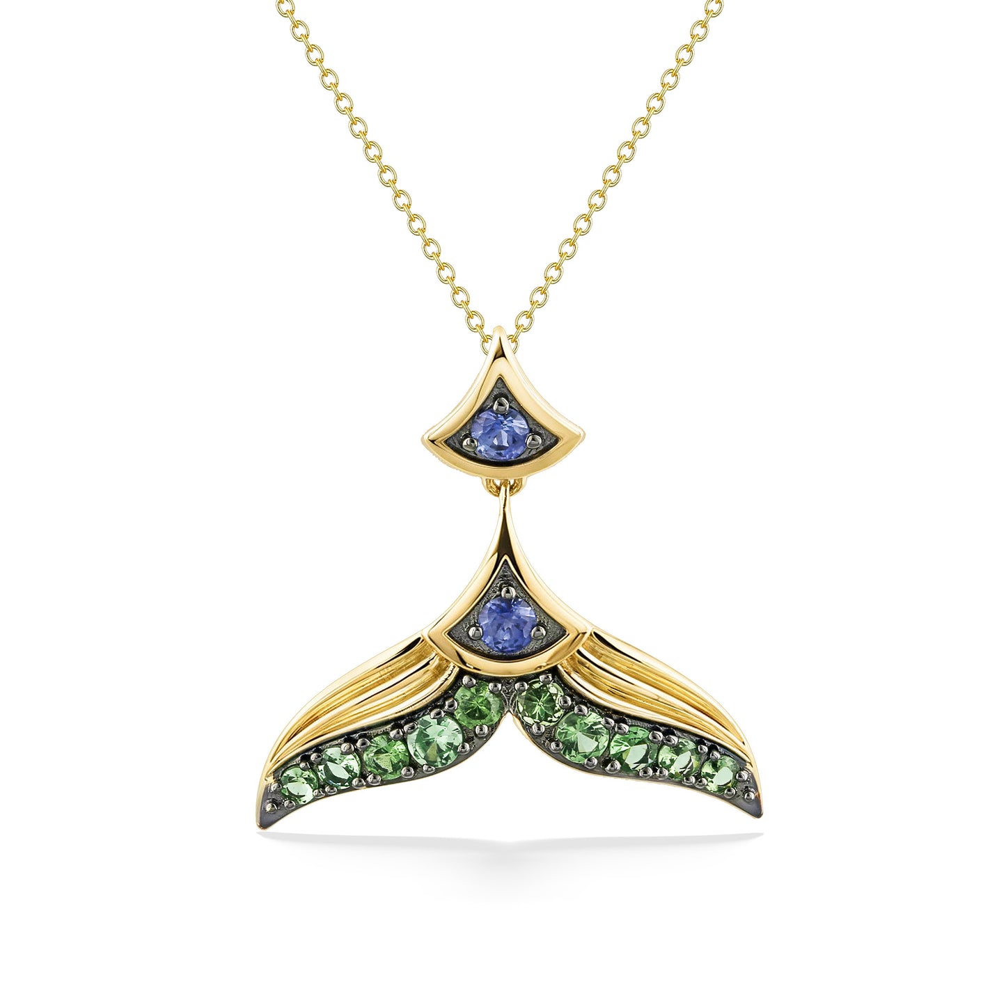 Mermaid tail pendant made in 14k yellow gold with blue and green gemstones on a delicate gold chain. Item No. 773514