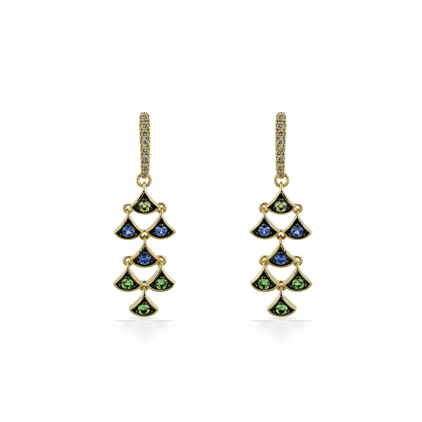 Front view of gold Mermaid Scales Chandelier earrings featuring blue and green gemstones. Item No. 773515