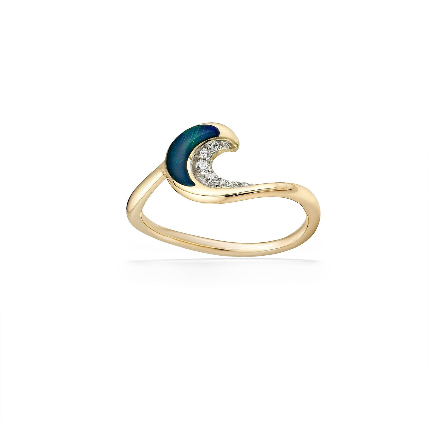 Wave-inspired gold ring, showcasing an opal inlay & diamond-lined curved row, shown from a side profile. Item No. 44799