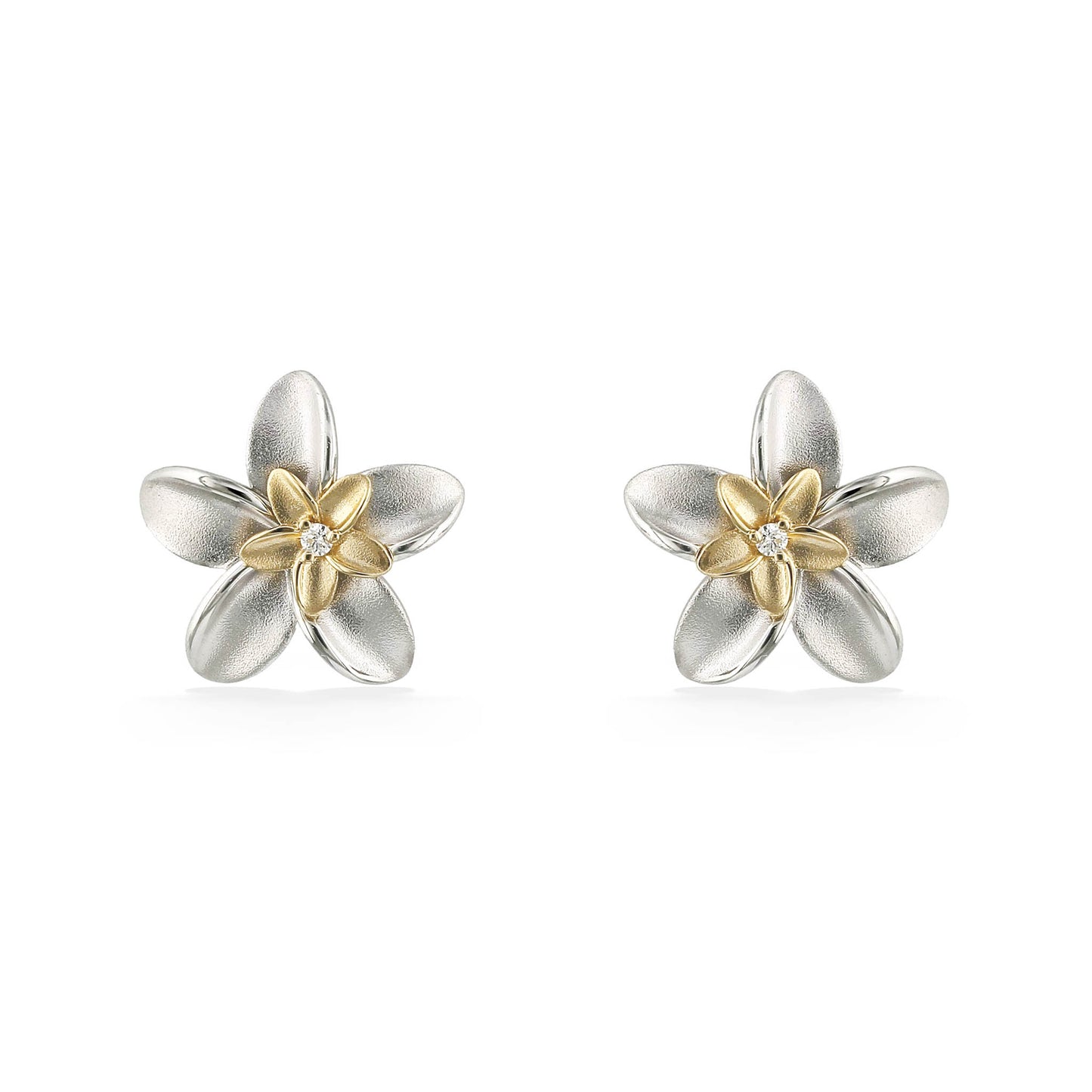 Front view of double plumeria studs showing matte finished sterling silver & 14k gold flowers with diamonds. Item No. 44804