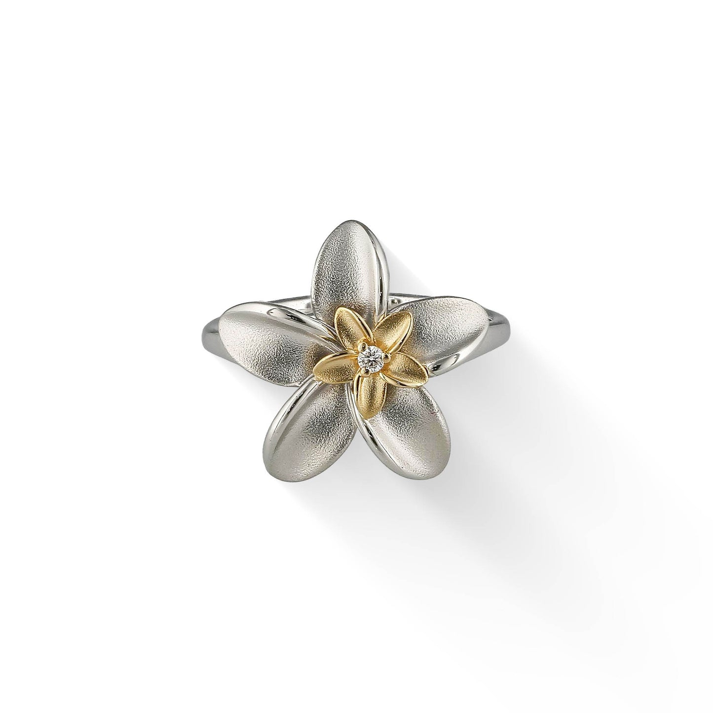 Top view of sterling silver plumeria ring highlighting the 14k yellow gold plumeria with a center diamond. Item No. 44806