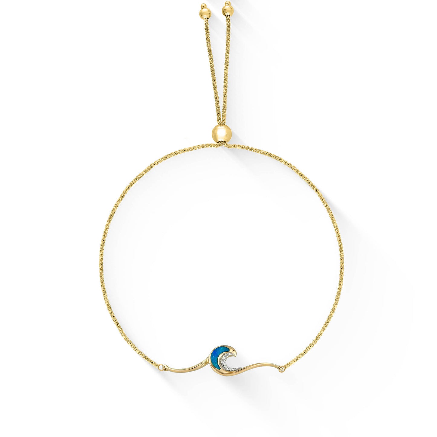 Yellow gold bolo bracelet with wave-shaped charm showcasing opal inlays & diamond accents. Item No. 44801