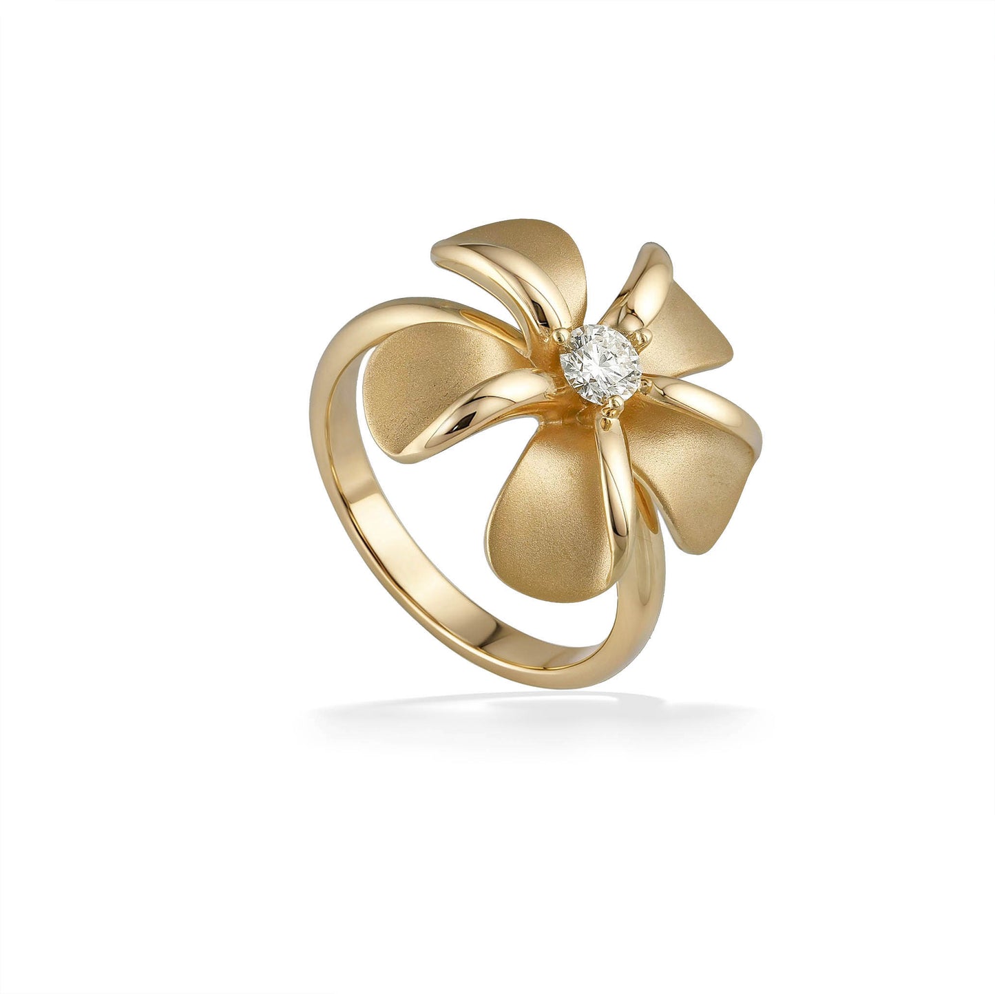 Striking 14k yellow gold 19mm plumeria ring with a radiant diamond centerpiece in a size 7. Item No. 44810