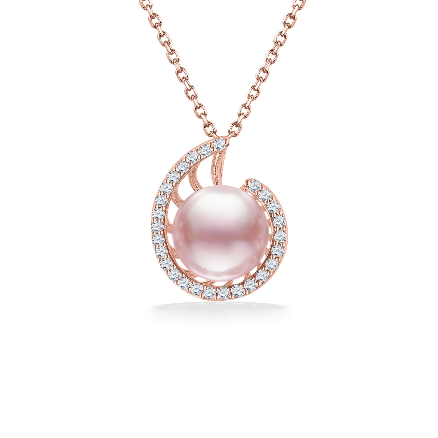 Rose gold pendant influenced by the design of a nautilus shell with diamond accents & a 10mm Pink Pearl. Item No. 44813