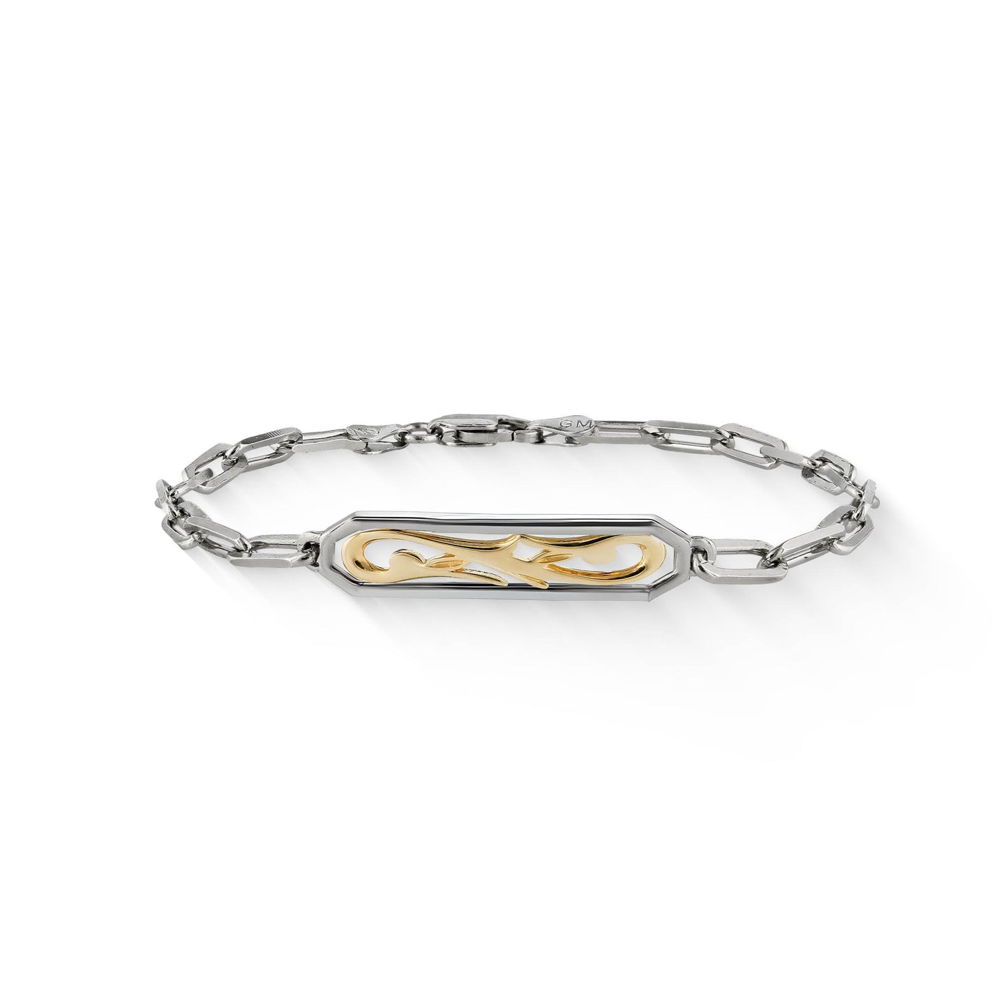 Nalani octagon bar bracelet highlighting contrast between the sterling silver links & 14k gold centerpiece. Item No. 44817
