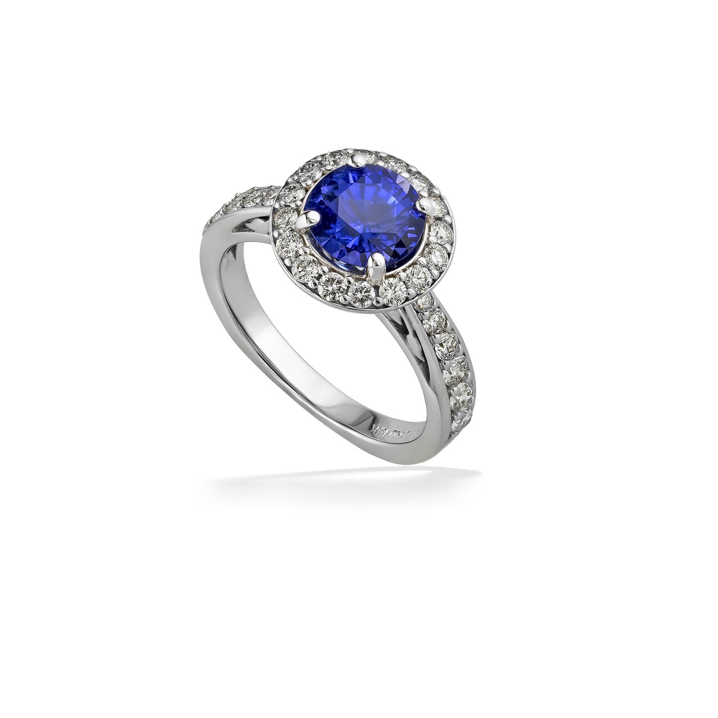33056 - 18K White Gold - Round 2.10 Carat Blue Sapphire Na Hoku Solitaire Halo Ring with Diamonds